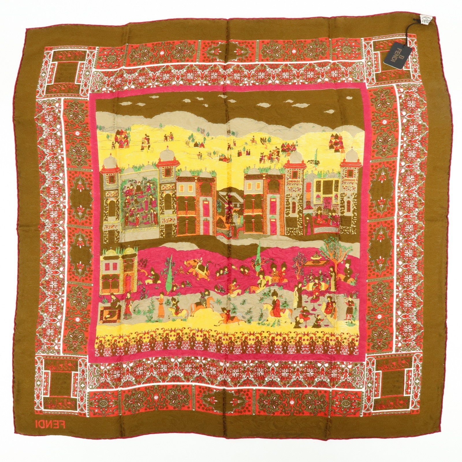 FENDI Silk 100% Scarf Oriental Motif Brown Multicolor