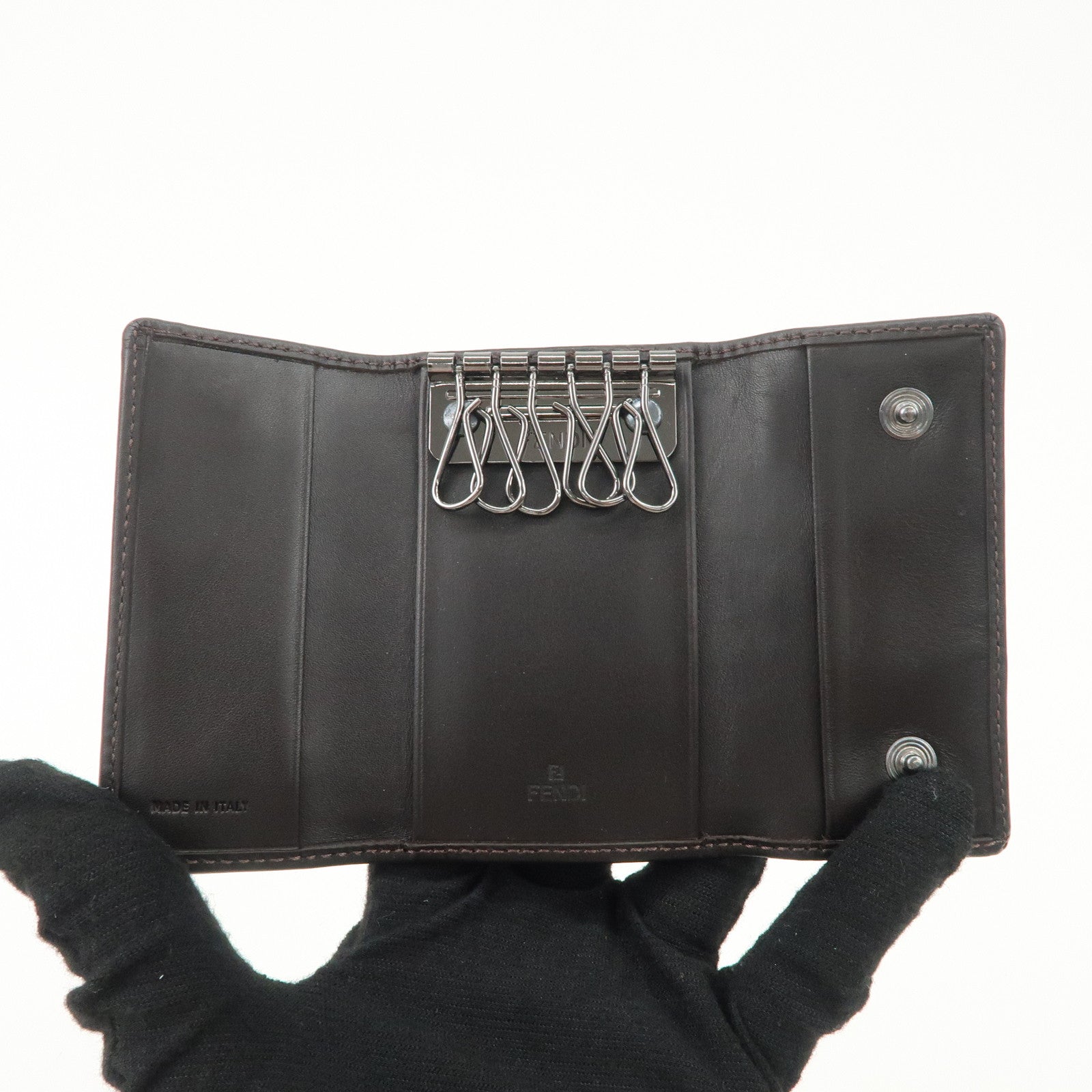 FENDI Zucchino Canvas Leather 6 Rings Key Case Brown Khaki 8AP002 Used