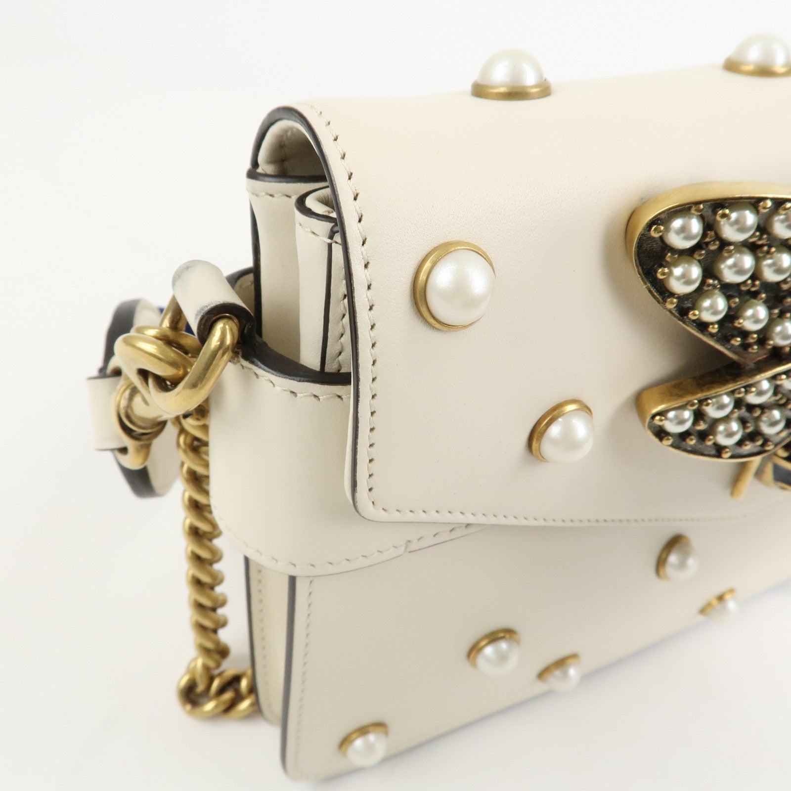 GUCCI Broad Eye Leather Chain Shoulder Bag Ivory 453778