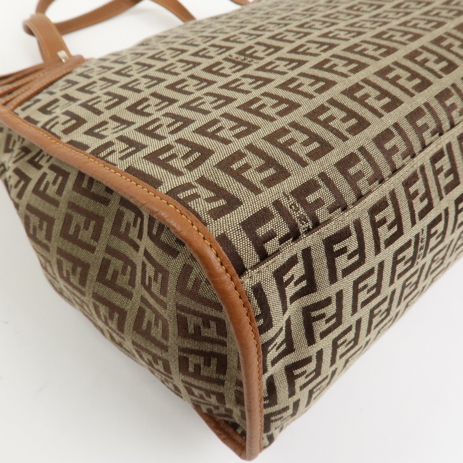 FENDI Zuccino Canvas Leather Tote Bag Hand Bag Brown 8BH153