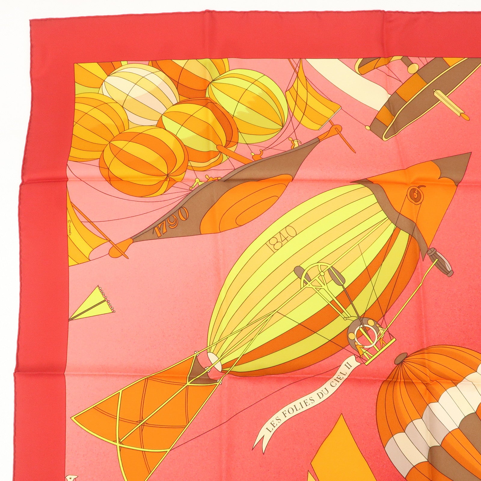 HERMES Carre 90 Silk 100% Scarf LES FOLIES DU CIEL Red Orange