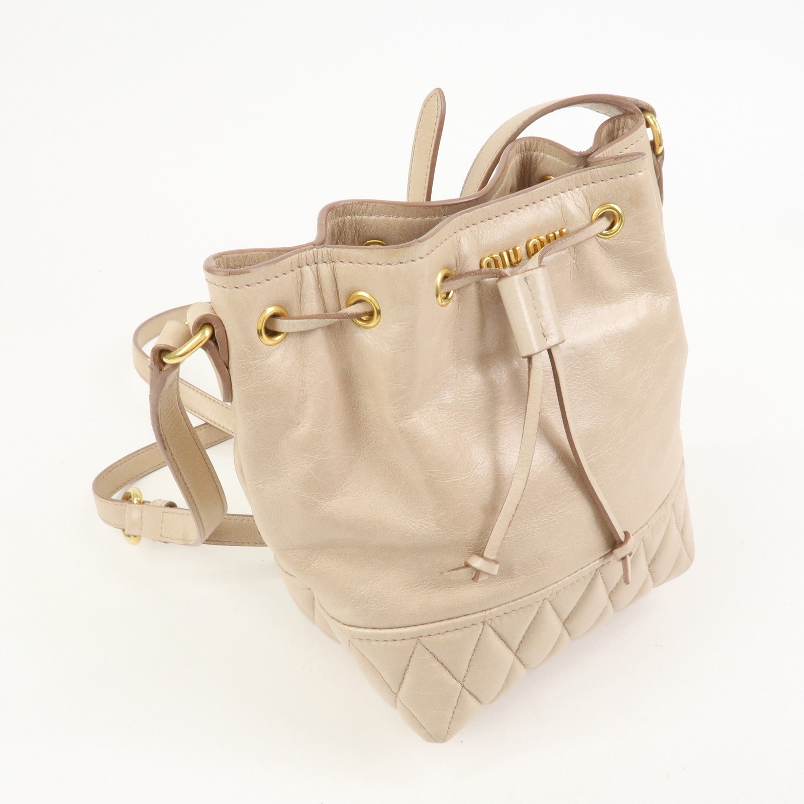 MIU MIU Logo Leather Drawstring Shoulder Bag Crossbody Bag Beige