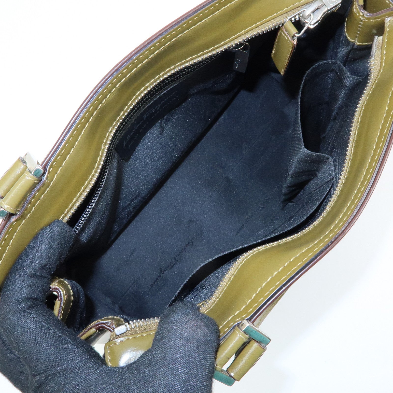 Ferragamo Gancini Leather 2Way Hand Bag Shoulder Bag Brown Khaki