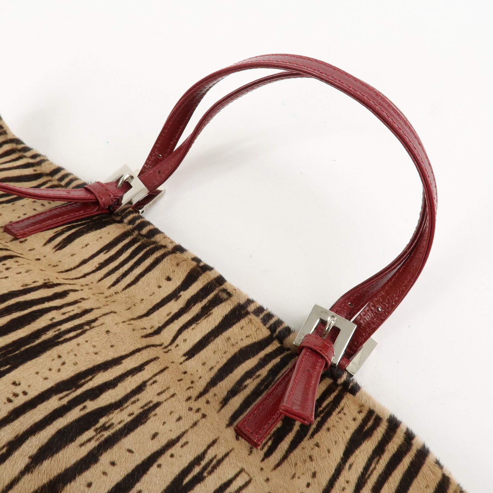 FENDI Leather Unborn Calf Tote Bag Hand Bag Zebra Brown Red Used
