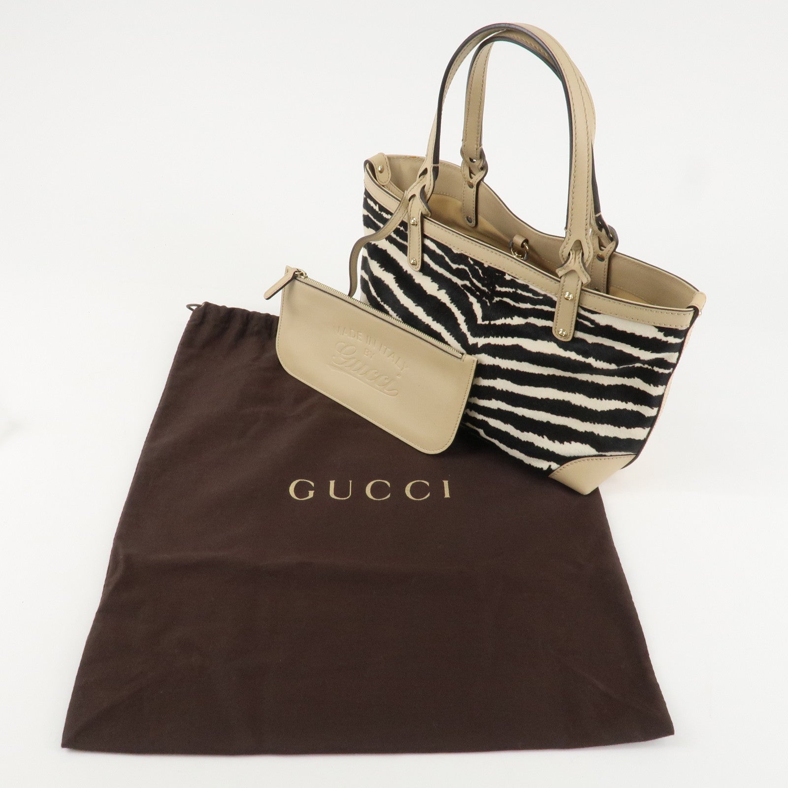 GUCCI Craft Unborn Calf Leather Tote Bag Zebra Pattern Beige 23793 Used