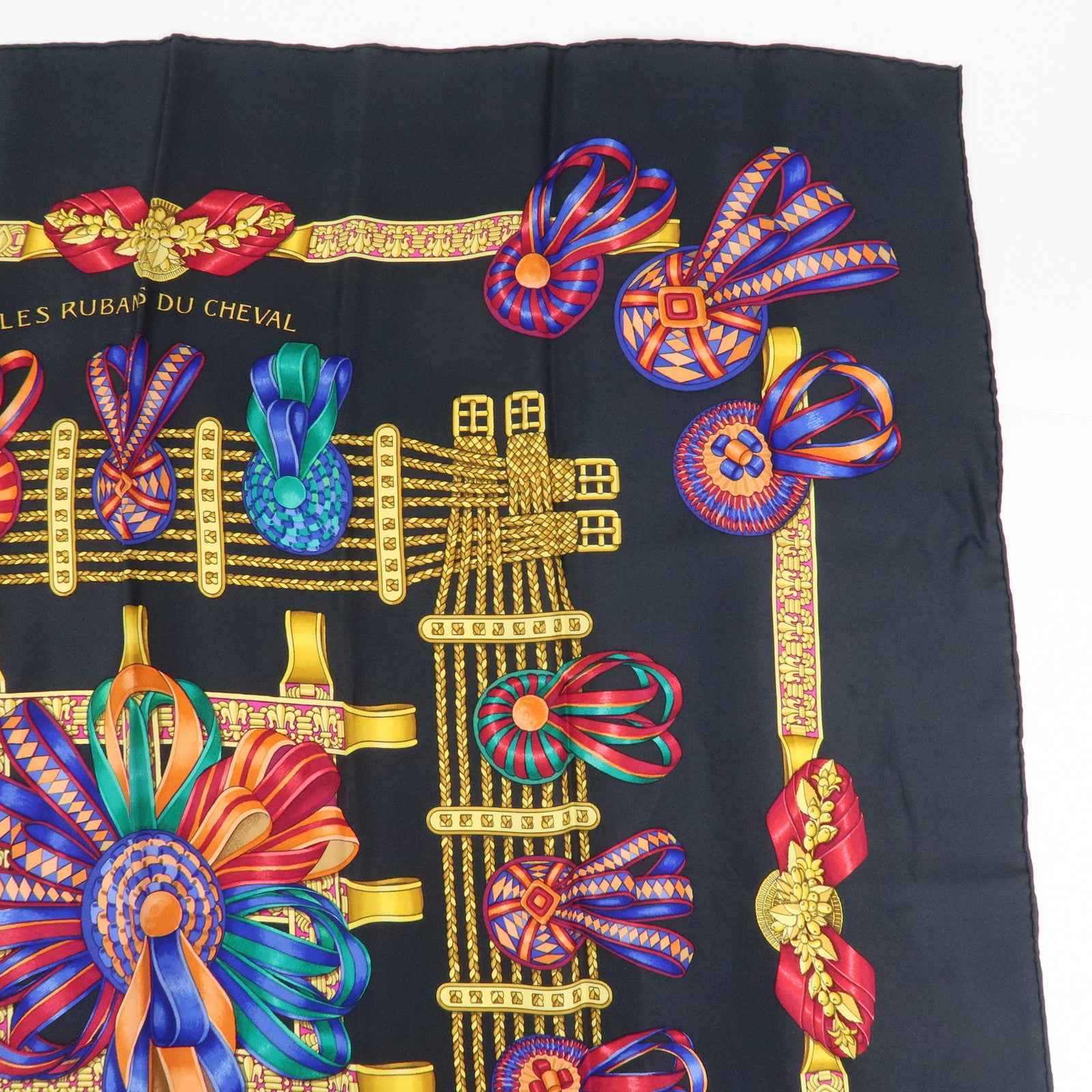 HERMES Carre90 Silk 100% Scarf Black Yellow Used