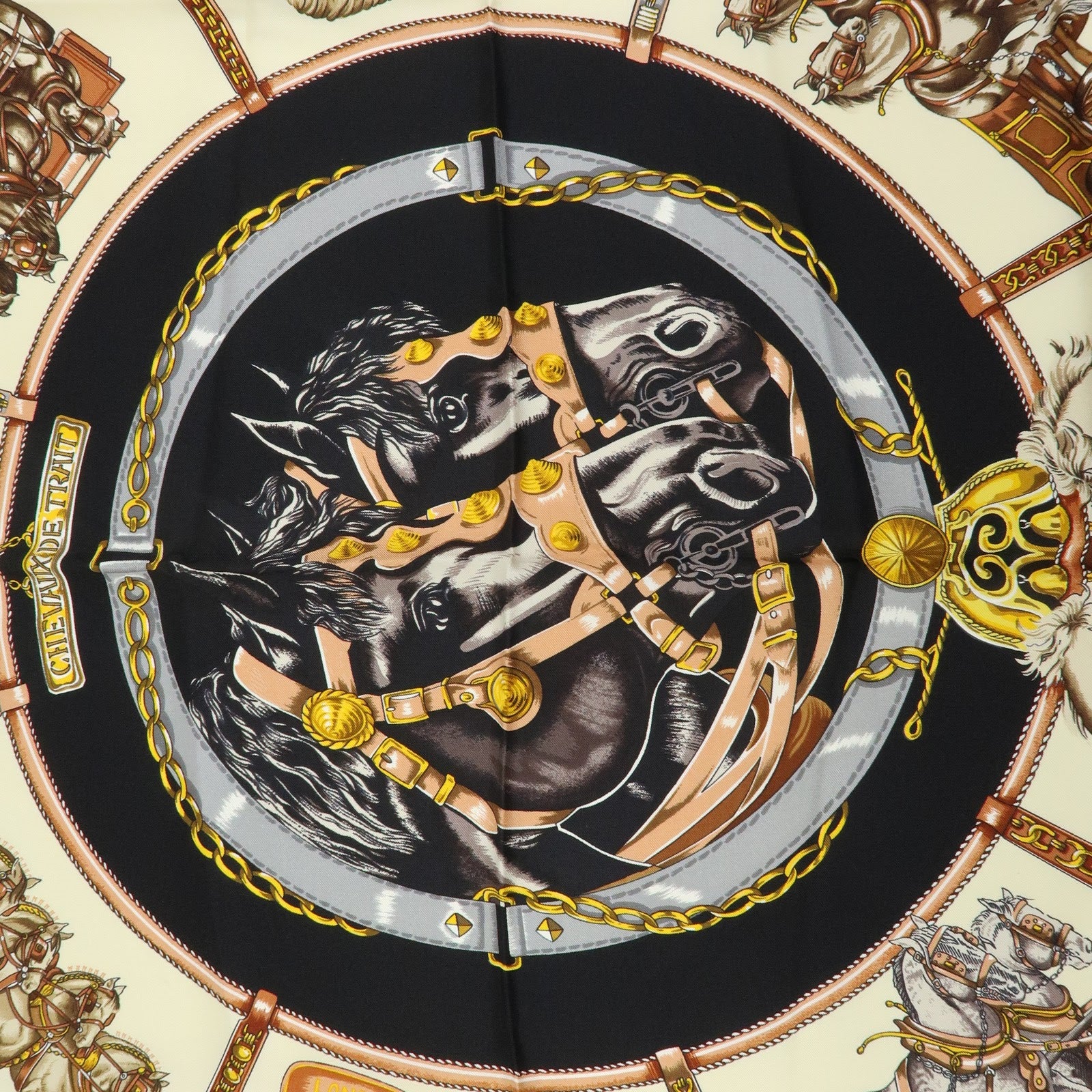 HERMES Carre 90 Silk 100% Scarf CHEVAUX DE TRAIT Black Gold Beige
