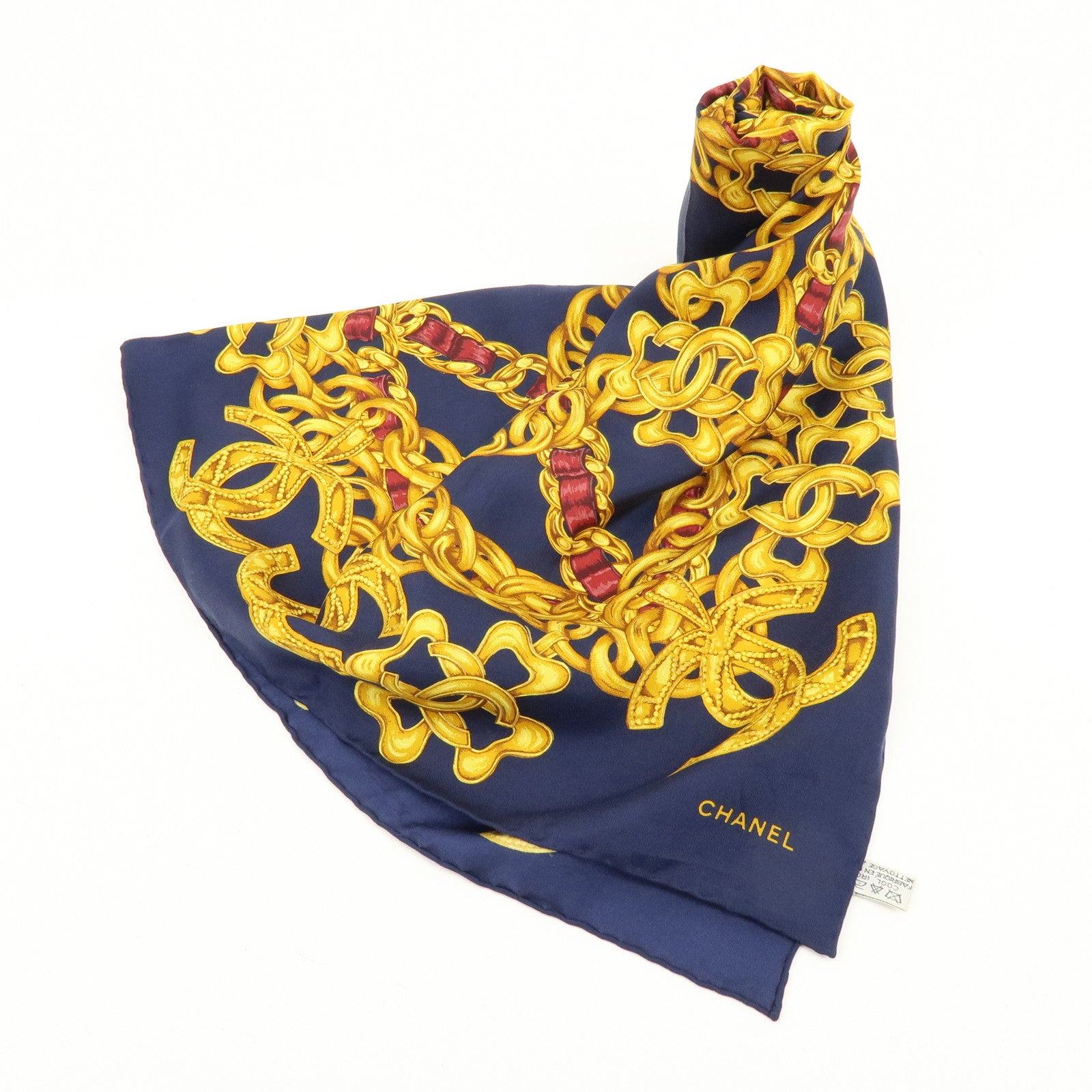 CHANEL Silk 100% Scarf COCO Mark Chain Motif Navy Gold