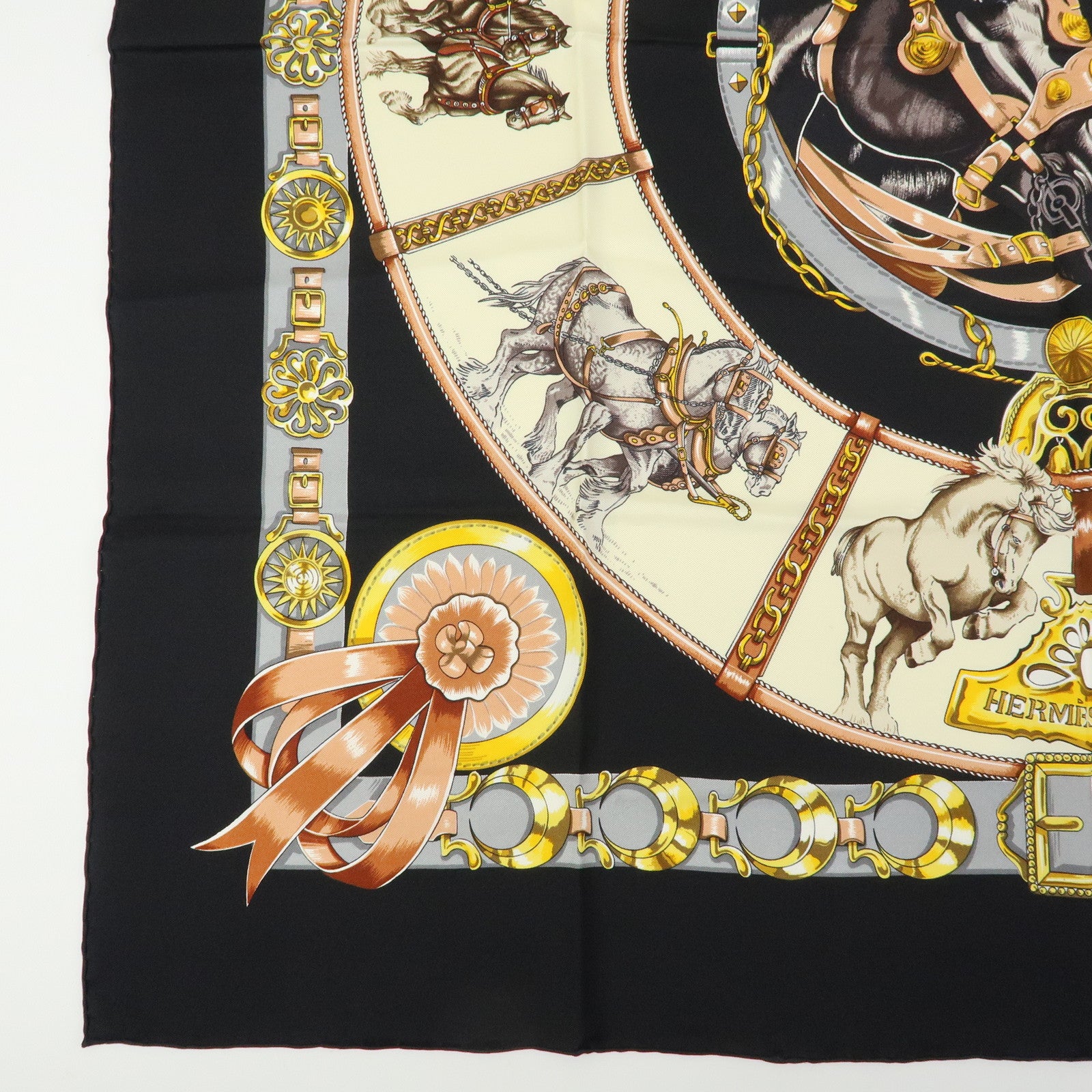 HERMES Carre 90 Silk 100% Scarf CHEVAUX DE TRAIT Black Gold Beige