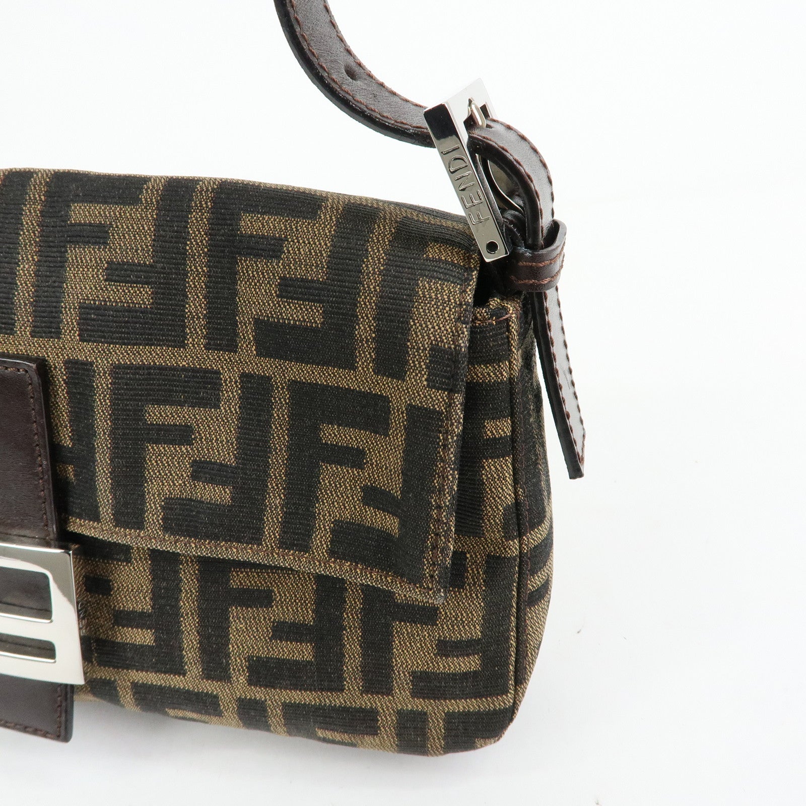 FENDI Mamma Baguette Zucca Canvas Leather Shoulder Bag Brown 26424