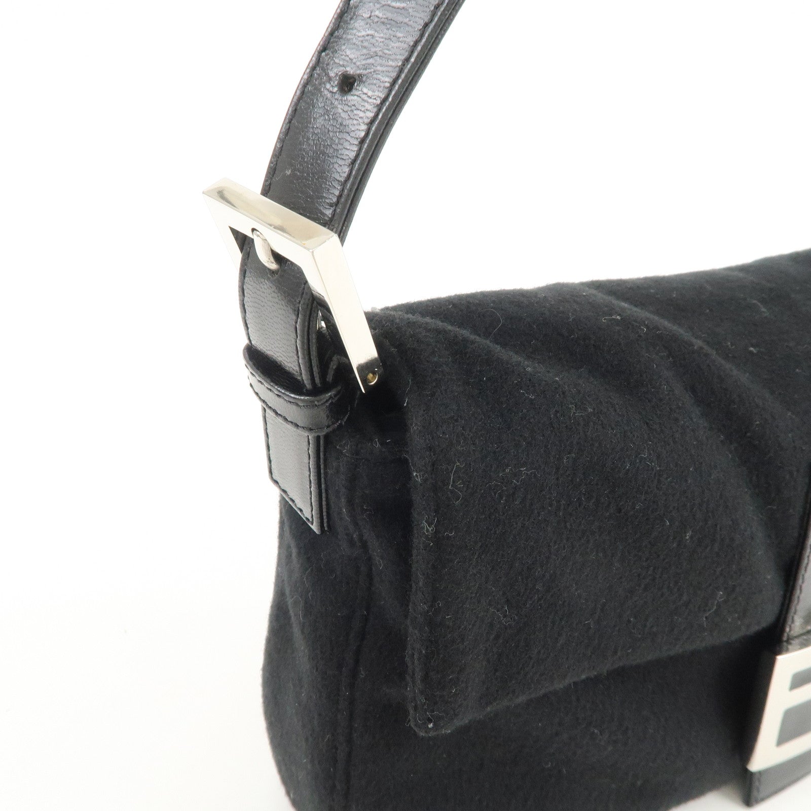 FENDI Mamma Baguette Wool Leather Shoulder Bag Hand Bag Black 26424