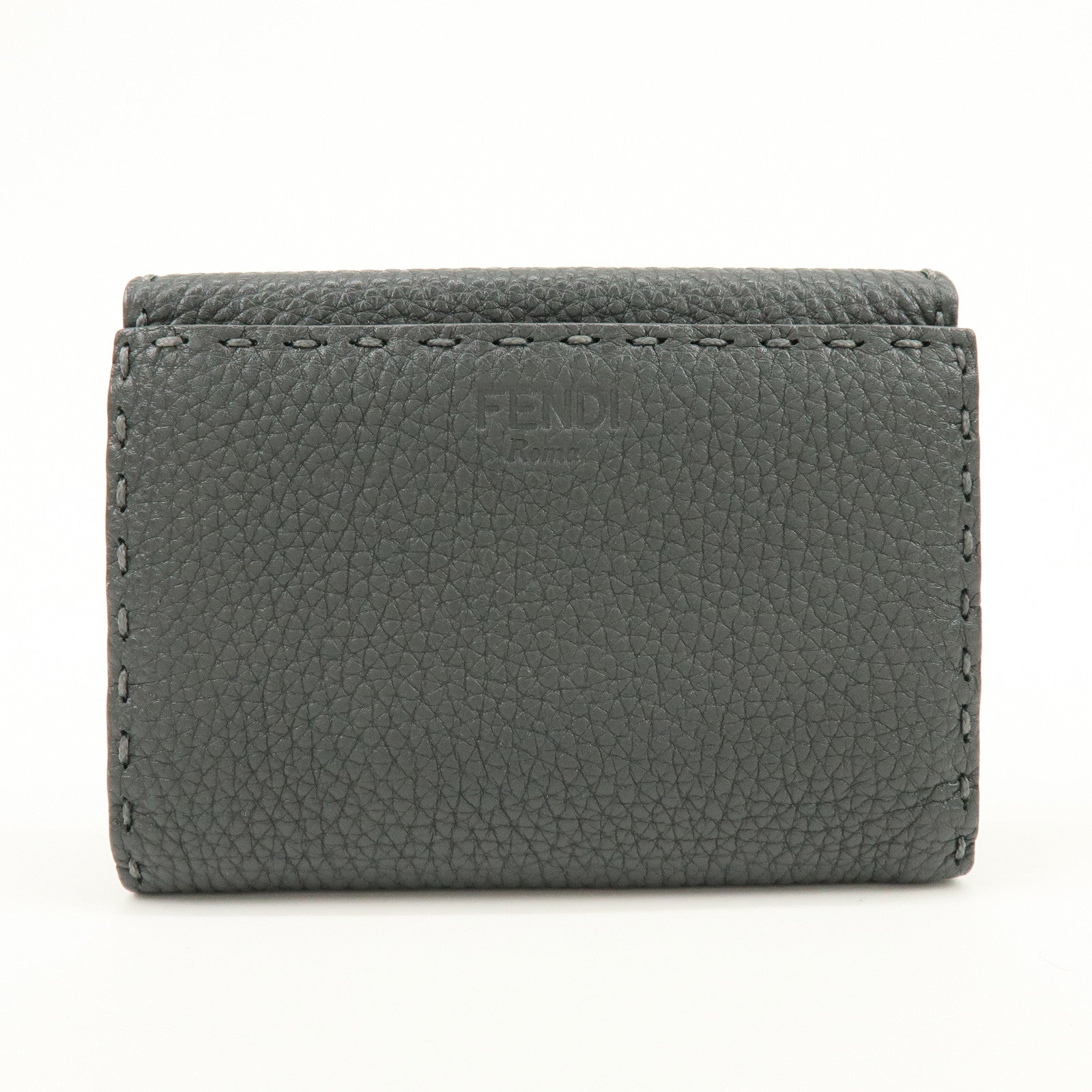 FENDI Selleria Leather Tri-fold Compact Wallet Gray 8M0359