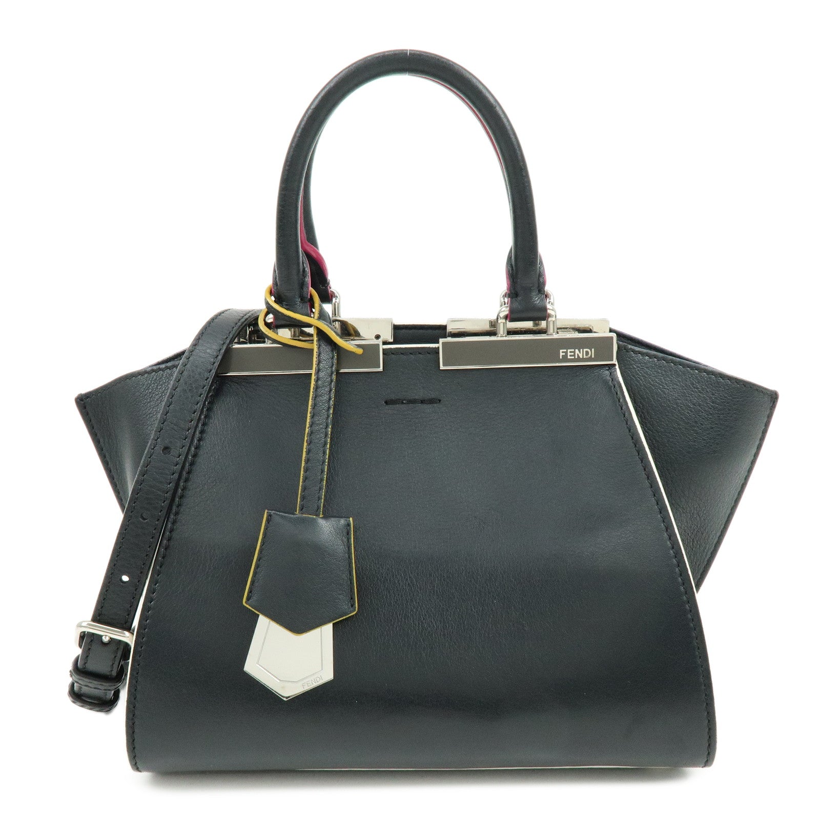 FENDI Trois Jours Leather 2Way Bag Hand Bag Shoulder Bag Black