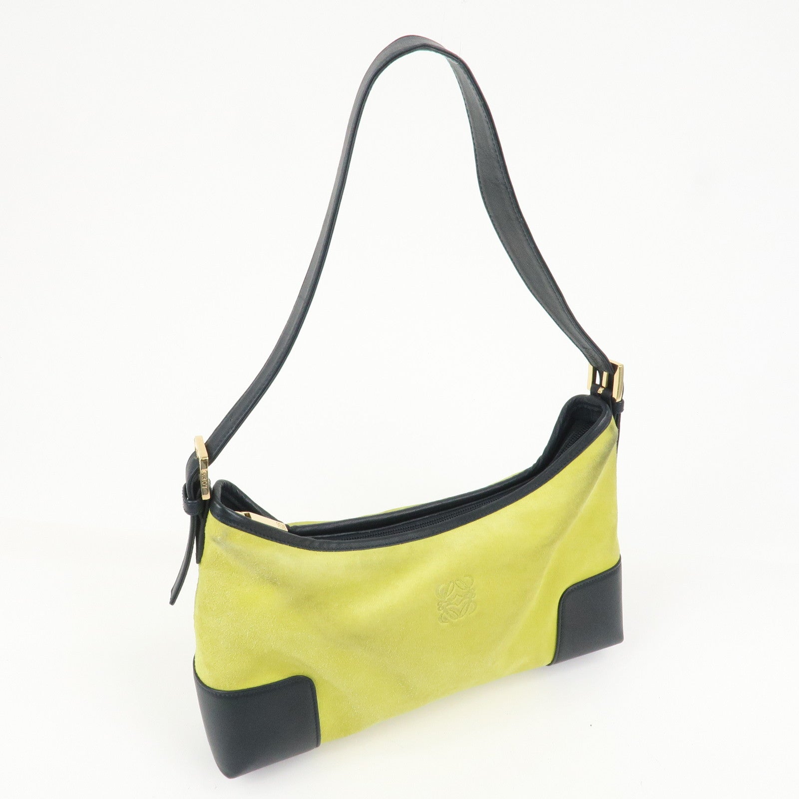 LOEWE Anagram Suede Leather Shoulder Bag Hand Bag Light Green Navy