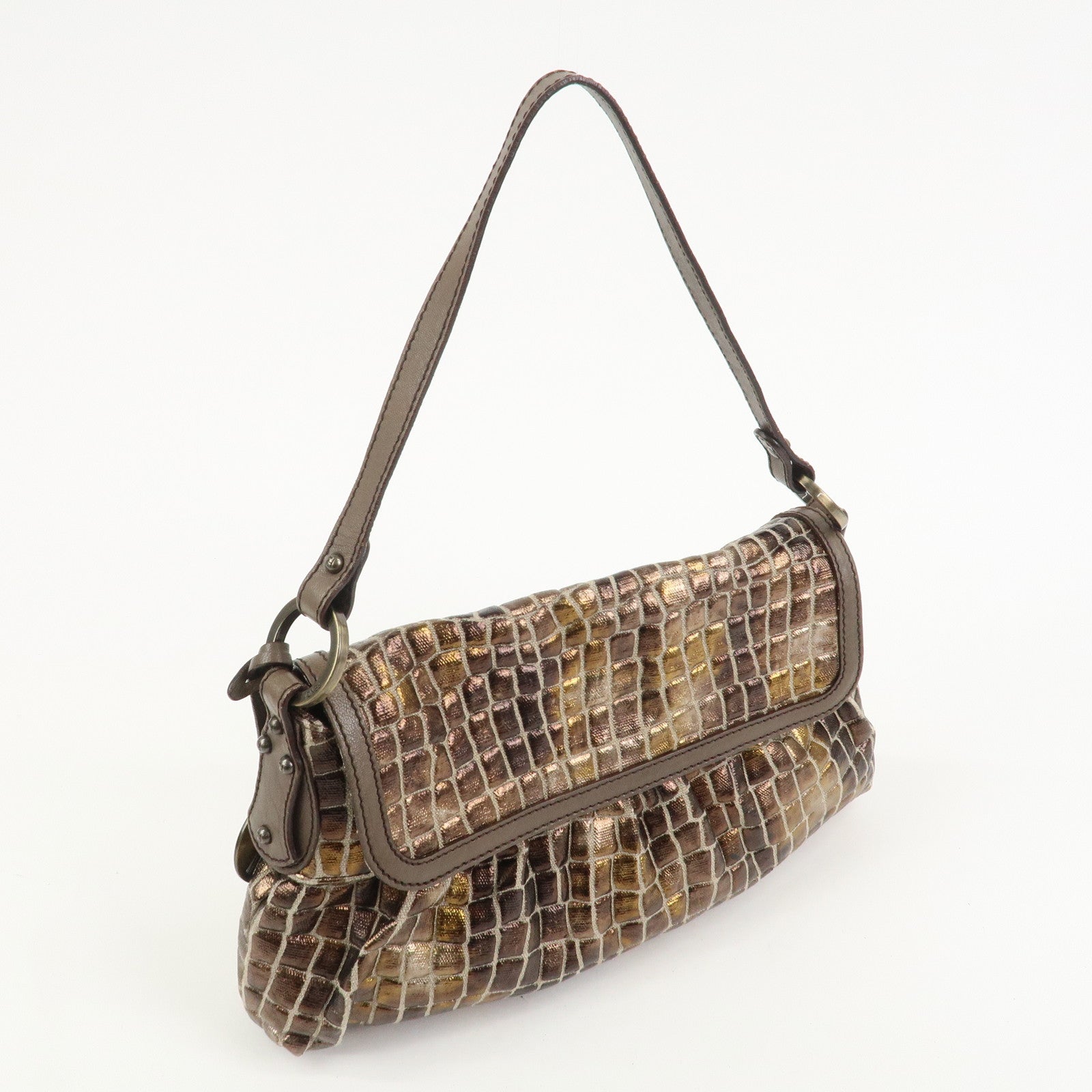 FENDI Canvas Leather Shoulder Bag Hand Bag Metallic Brown 8BR445