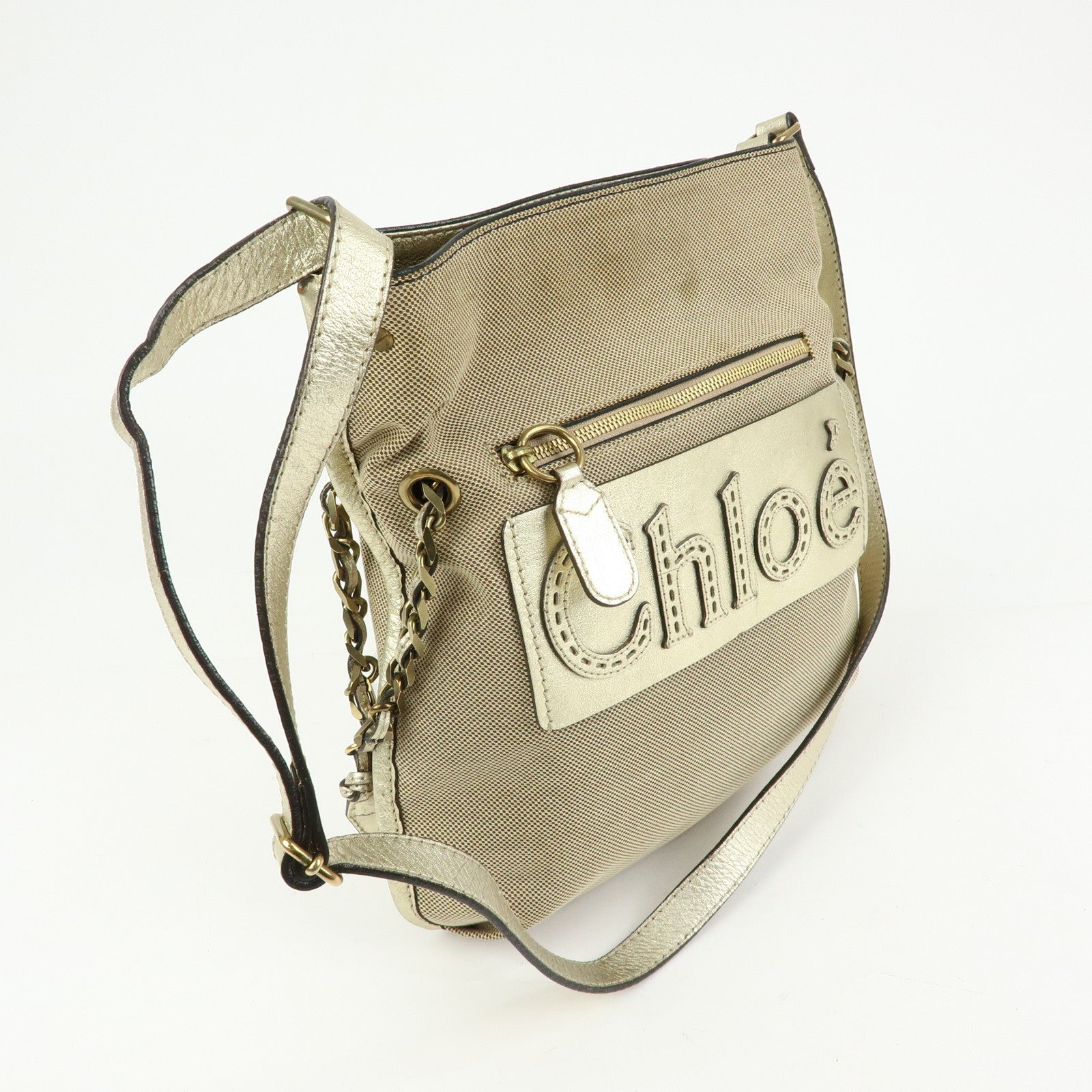 Chloe Harley Canvas Leather Shoulder Crossbody Bag Beige Gold