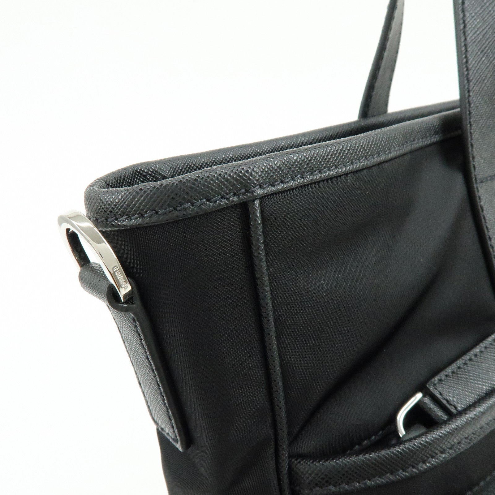 PRADA Triangle Logo Re-Nylon Saffiano Leather Tote Bag Black 2VG860