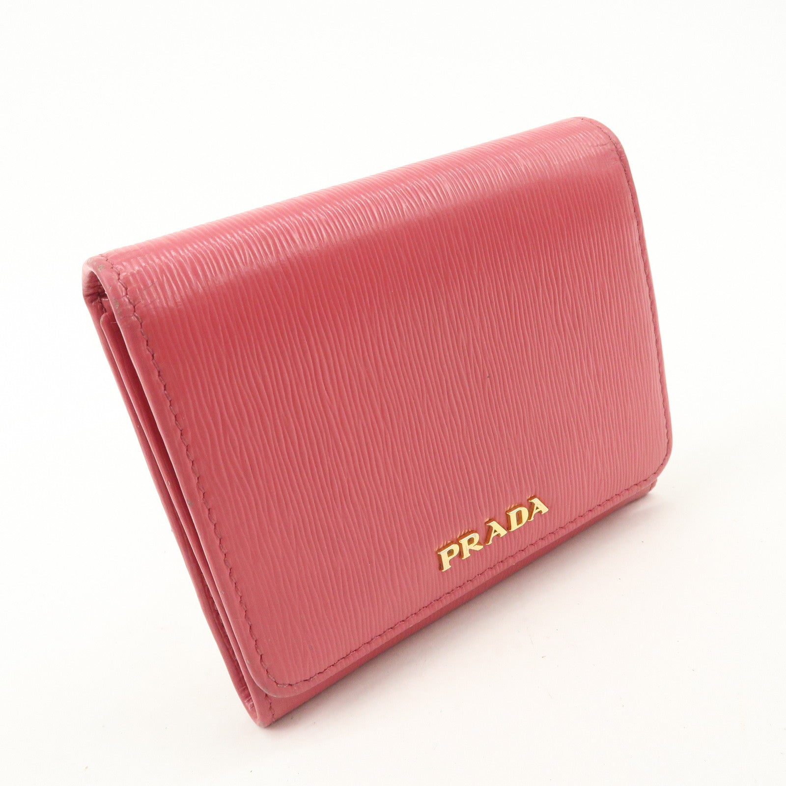 PRADA Saffiano Leather Trifold Compact Wallet Pink 1MH176 Used