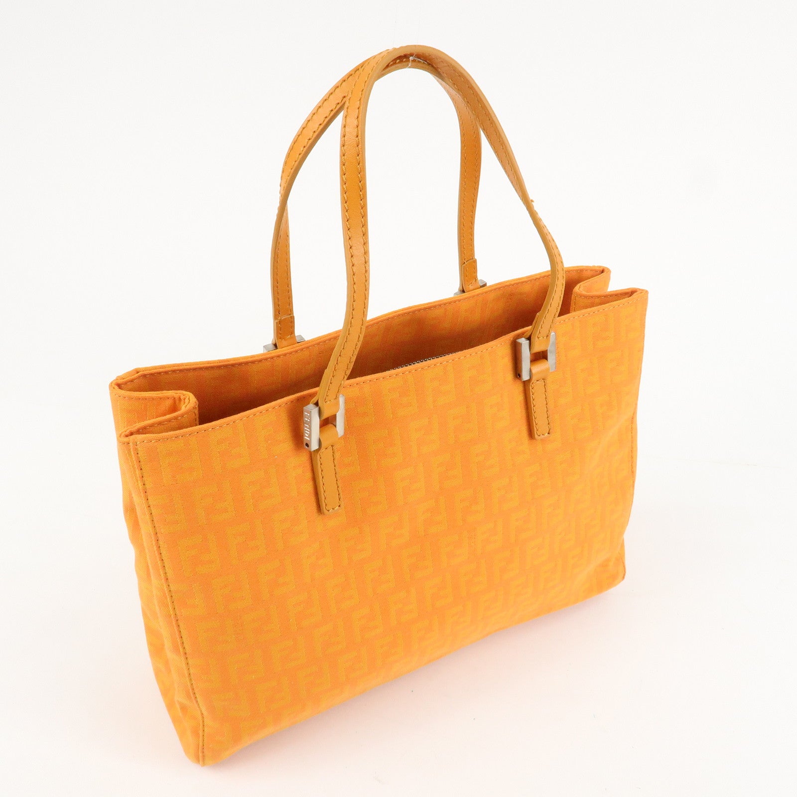 FENDI Zucchino Canvas Leather Hand Bag Tote Bag Orange 8BH072 Used
