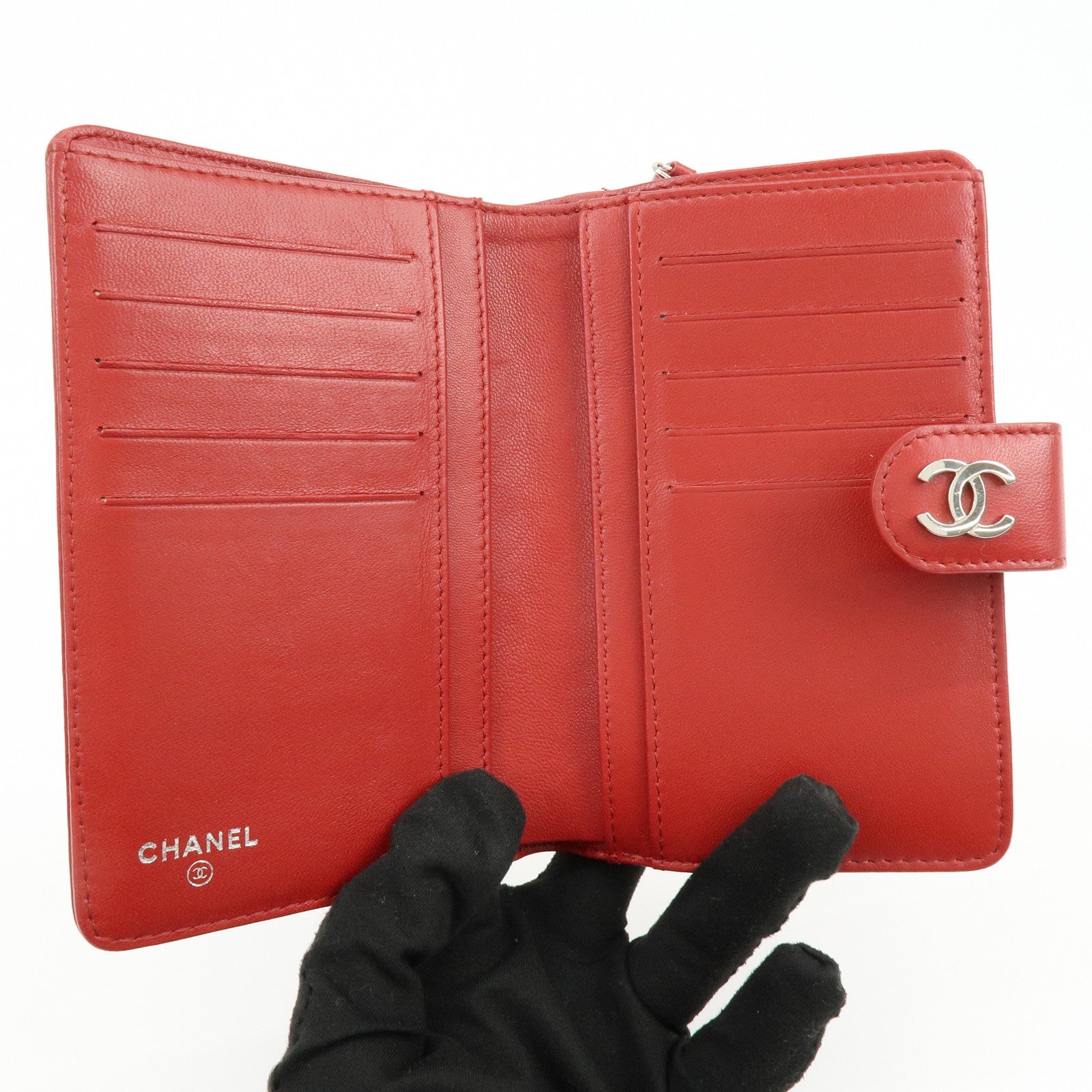 CHANEL Camellia COCO Mark Lamb Skin Bi-fold Compact Wallet Red