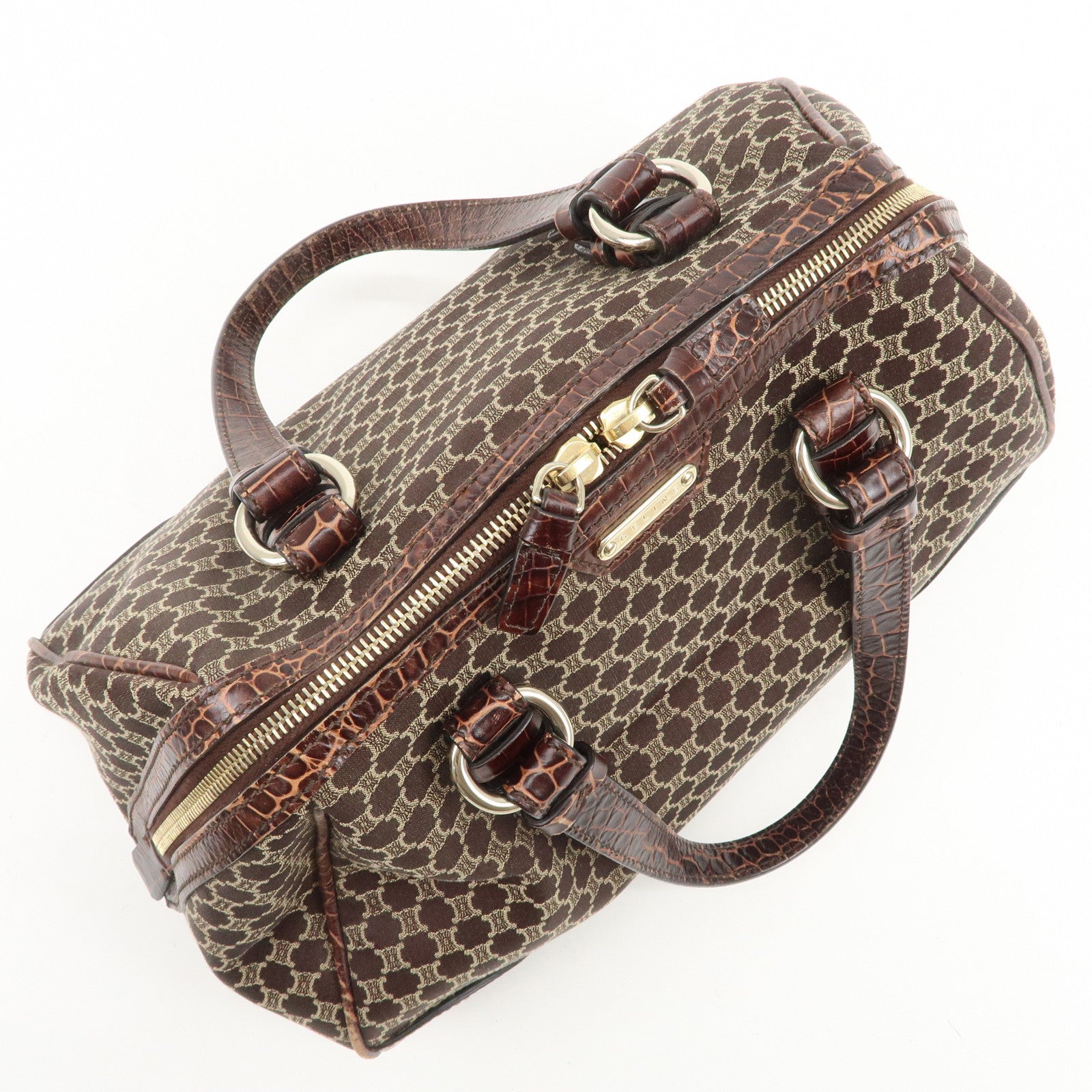 CELINE Macadam Canvas Embossed Leather Hand Bag Shoulder Bag Brown