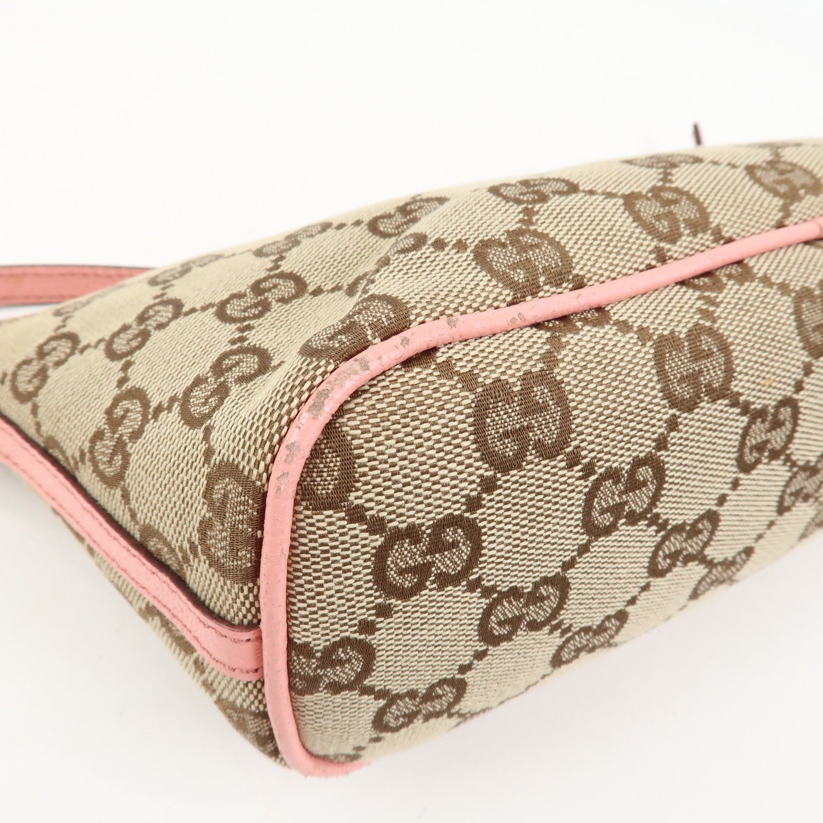 GUCCI Boat Bag GG Monogram Canvas Leather Hand Bag Beige Pink 07198