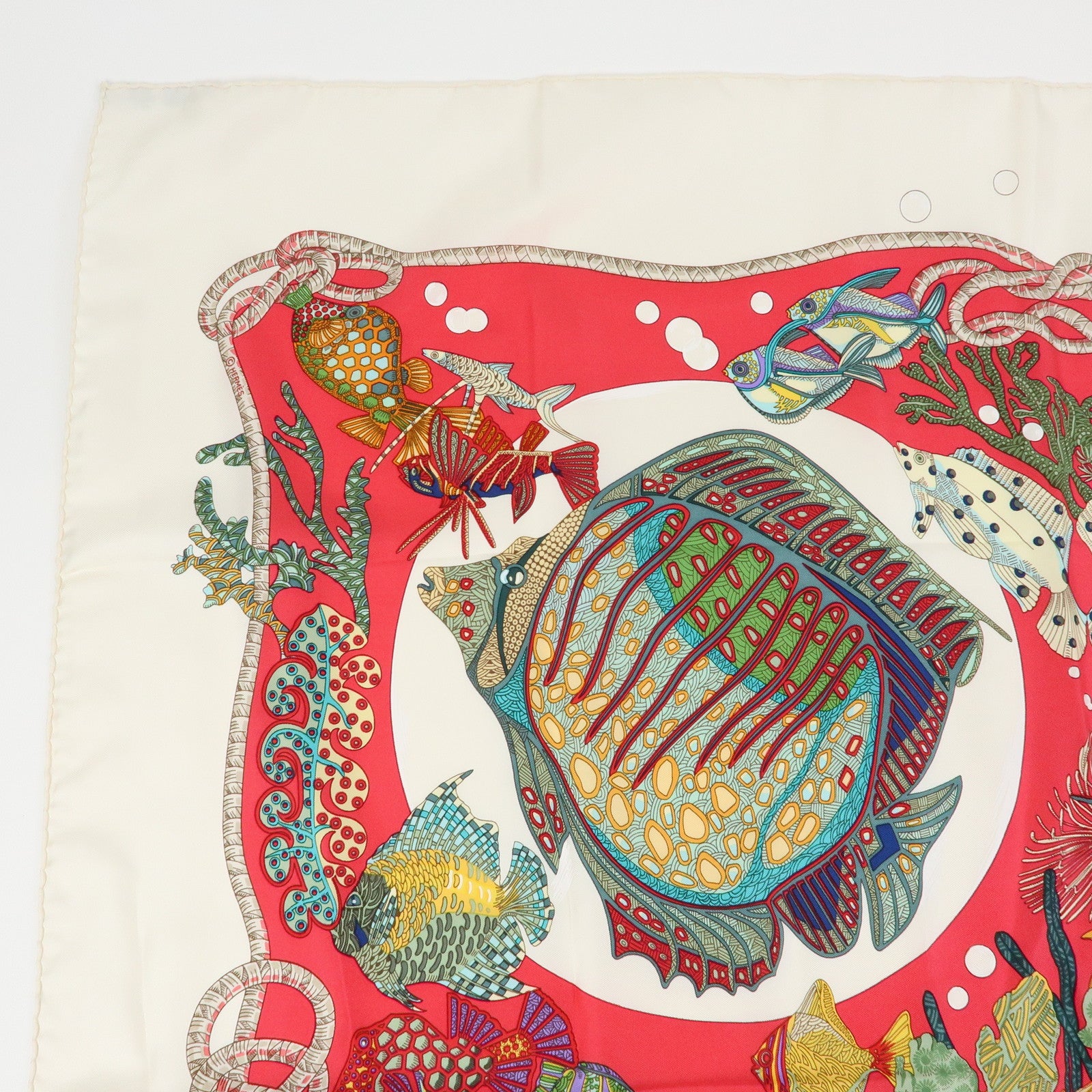HERMES Carre 90 Silk 100% GRANDS FONDS Red White Multi Color
