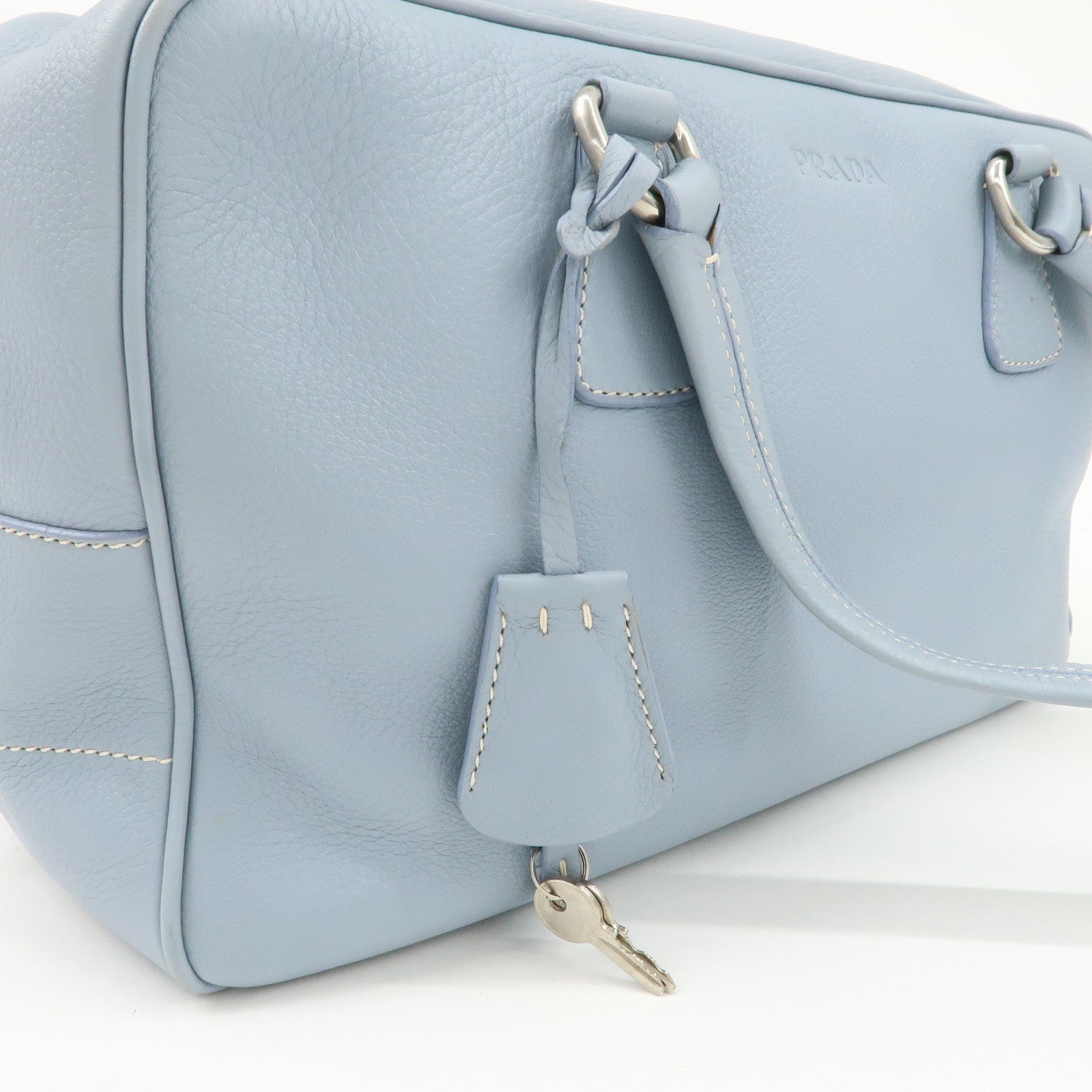 PRADA Leather Boston Bag Shoulder Bag Blue BR2246 Used