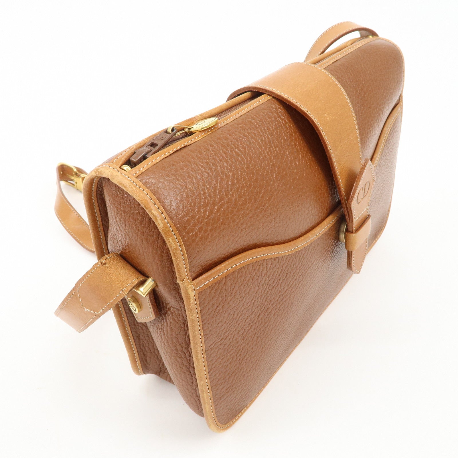 Christian Dior Logo Leather Shoulder Bag Brown Gold HDW