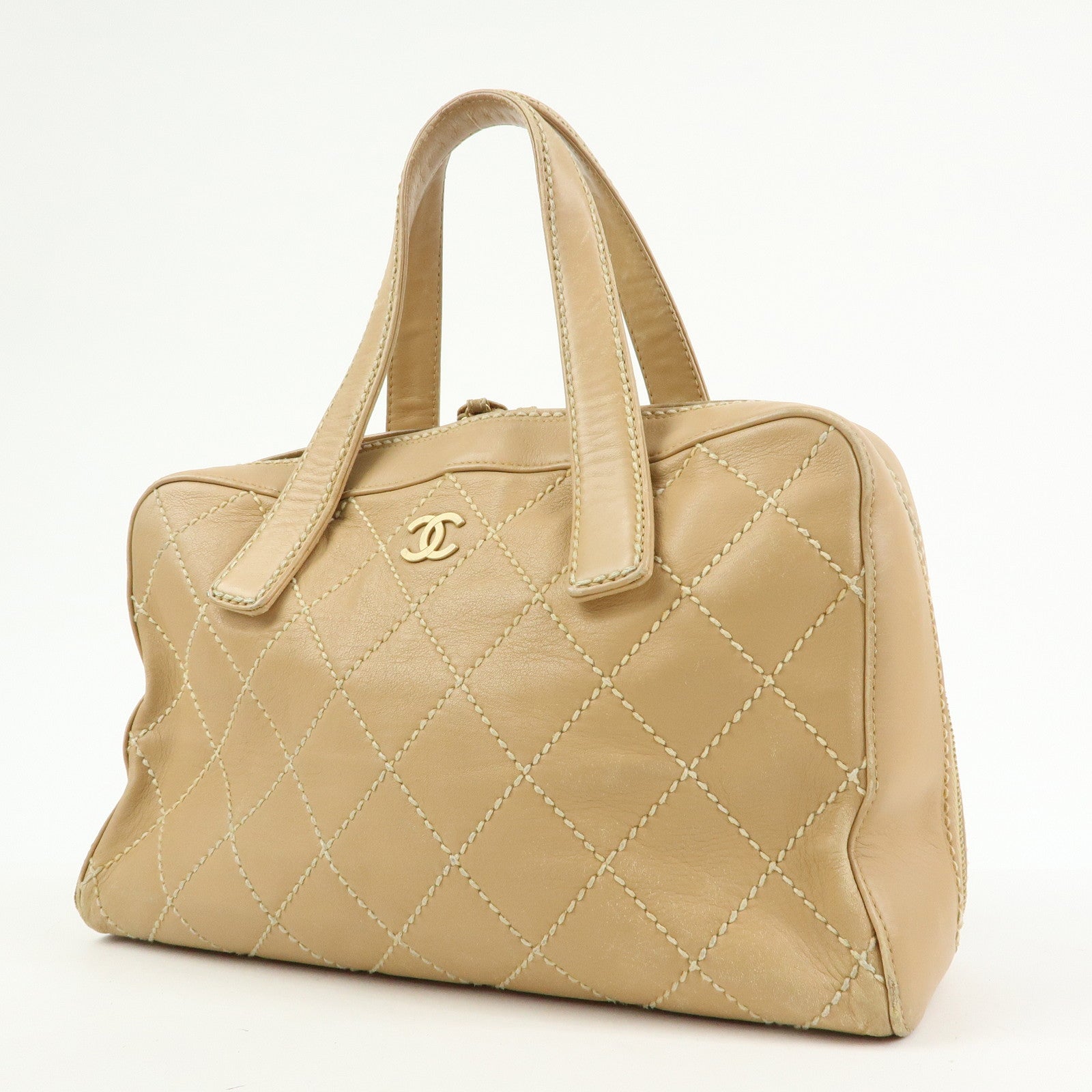 CHANEL Wild Stitch Calf Leather Boston Bag Hand Bag Beige