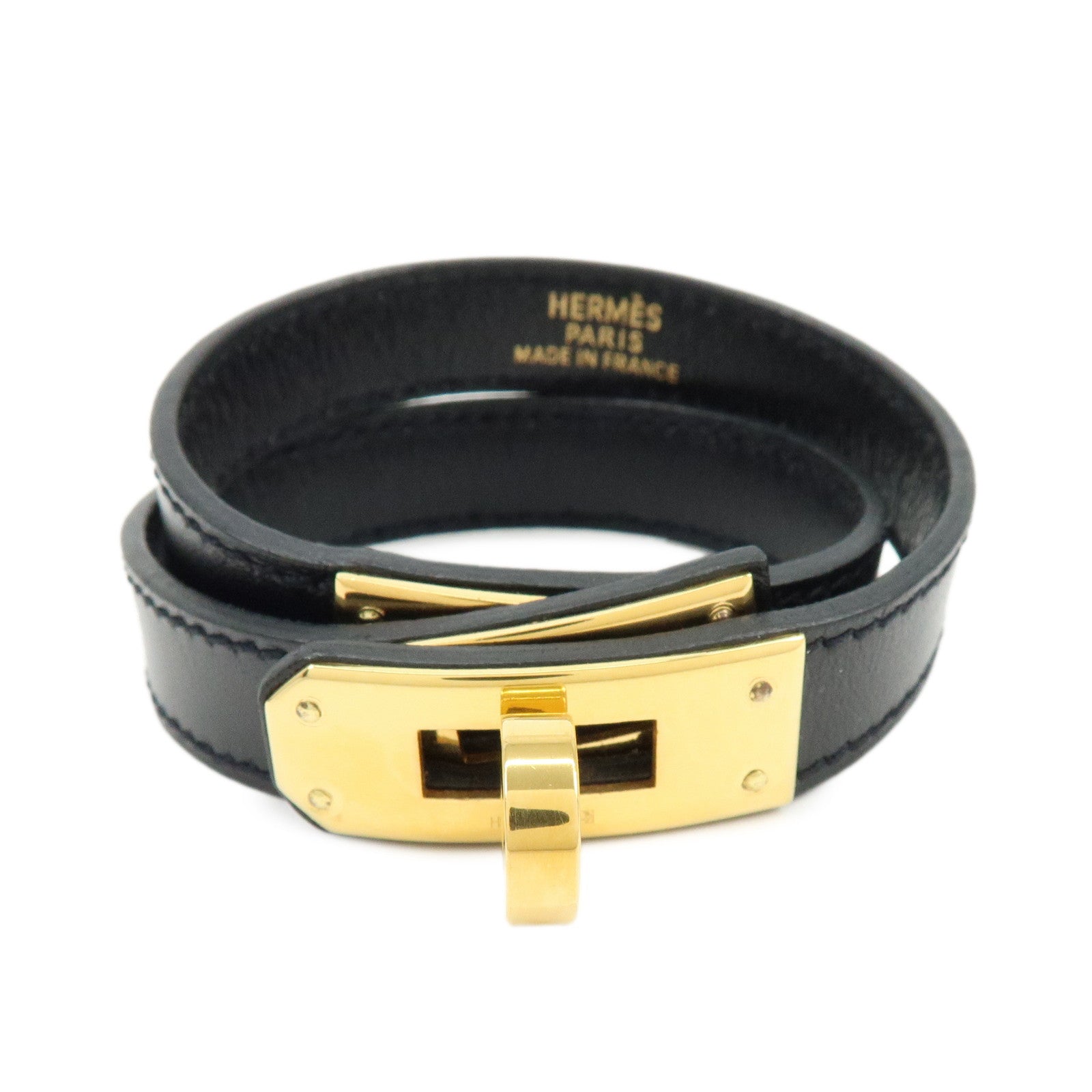 HERMES Kelly Double Tour Leather □F Stamped Bracelet Black