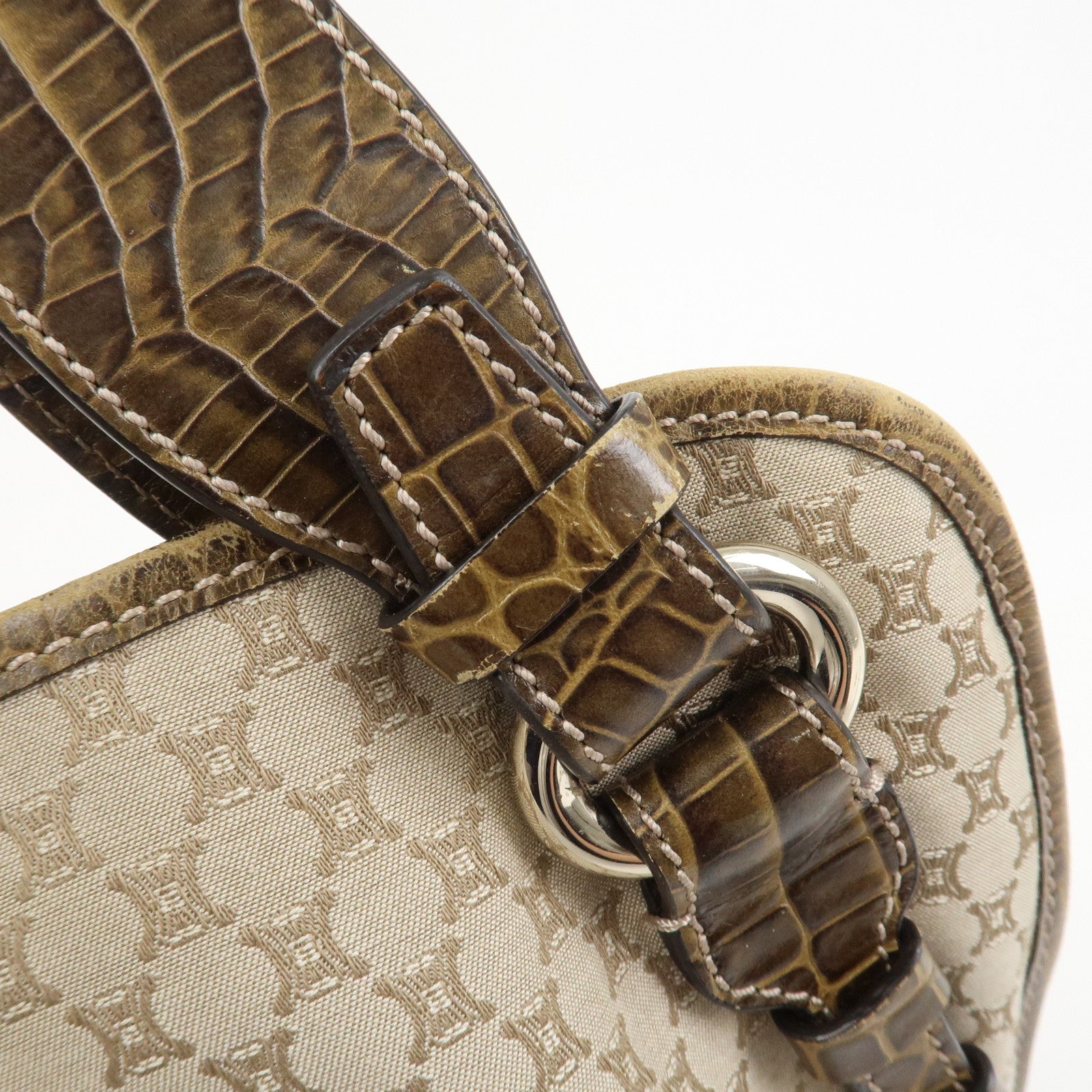 CELINE Macadam Logo Canvas Emboss Leather Shoulder Bag Beige Brown