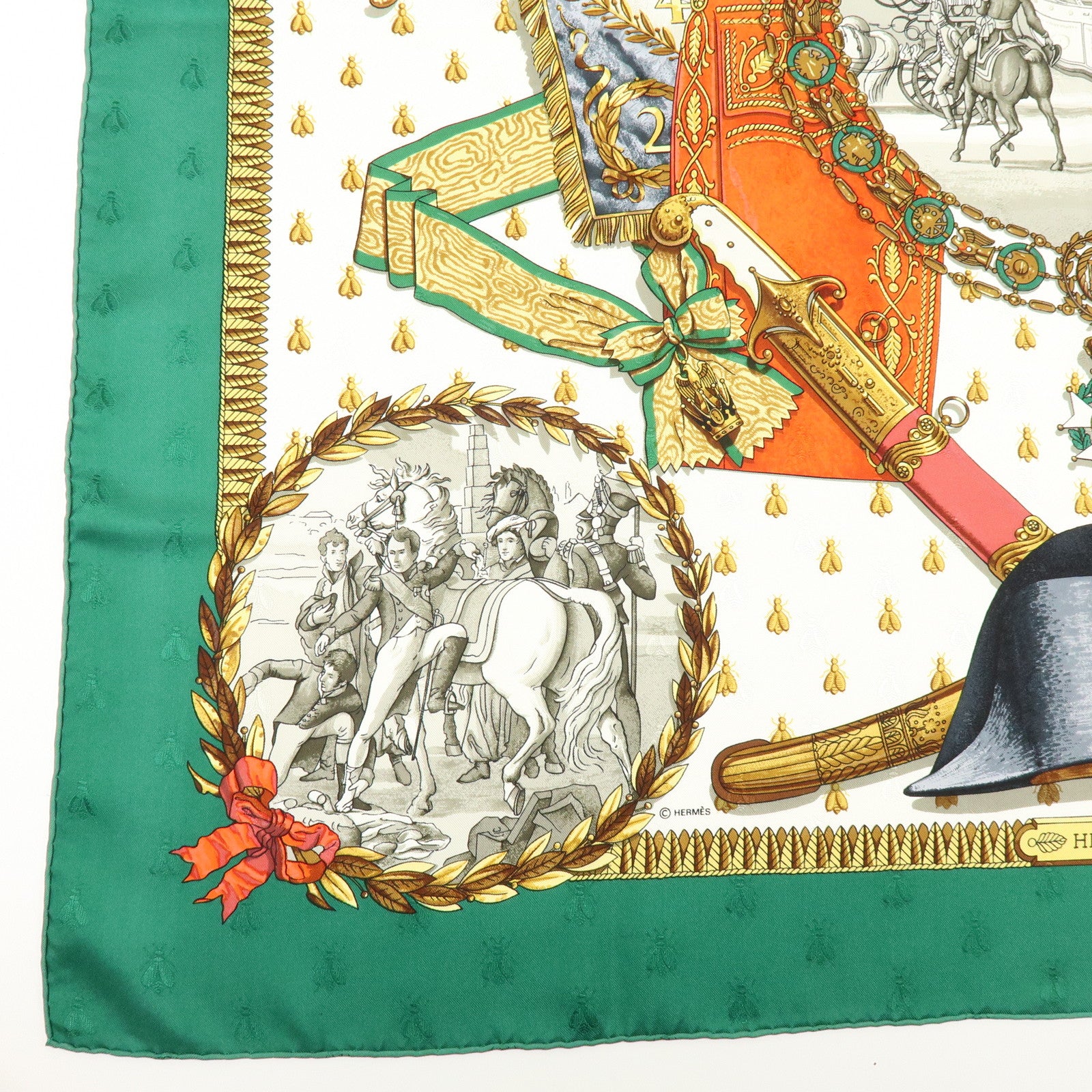 HERMES Carre 90 Silk 100% Scarf NAPOLEON Green White Red