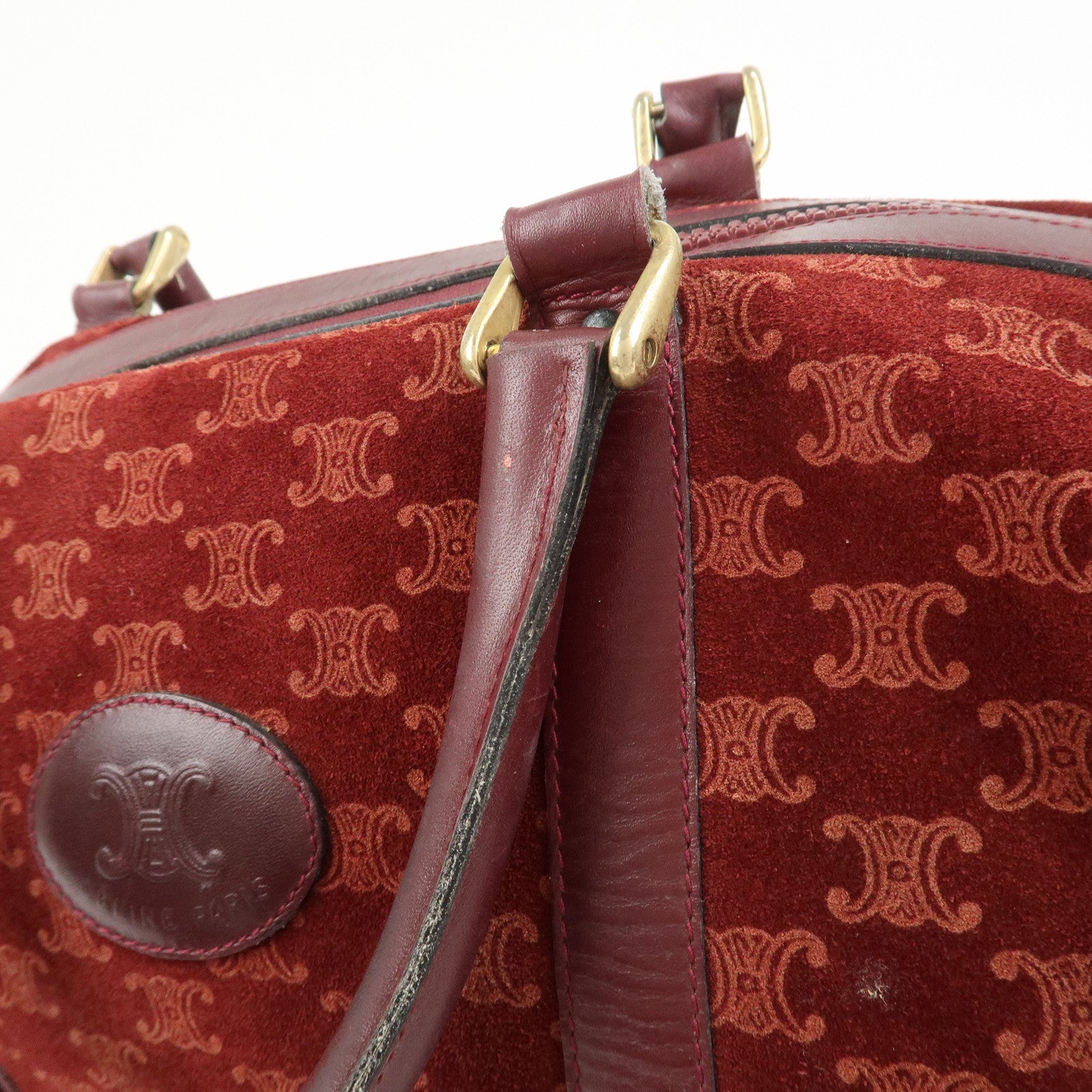 CELINE Macadam Logo Suede Leather Boston Bag Hand Bag Red Brown