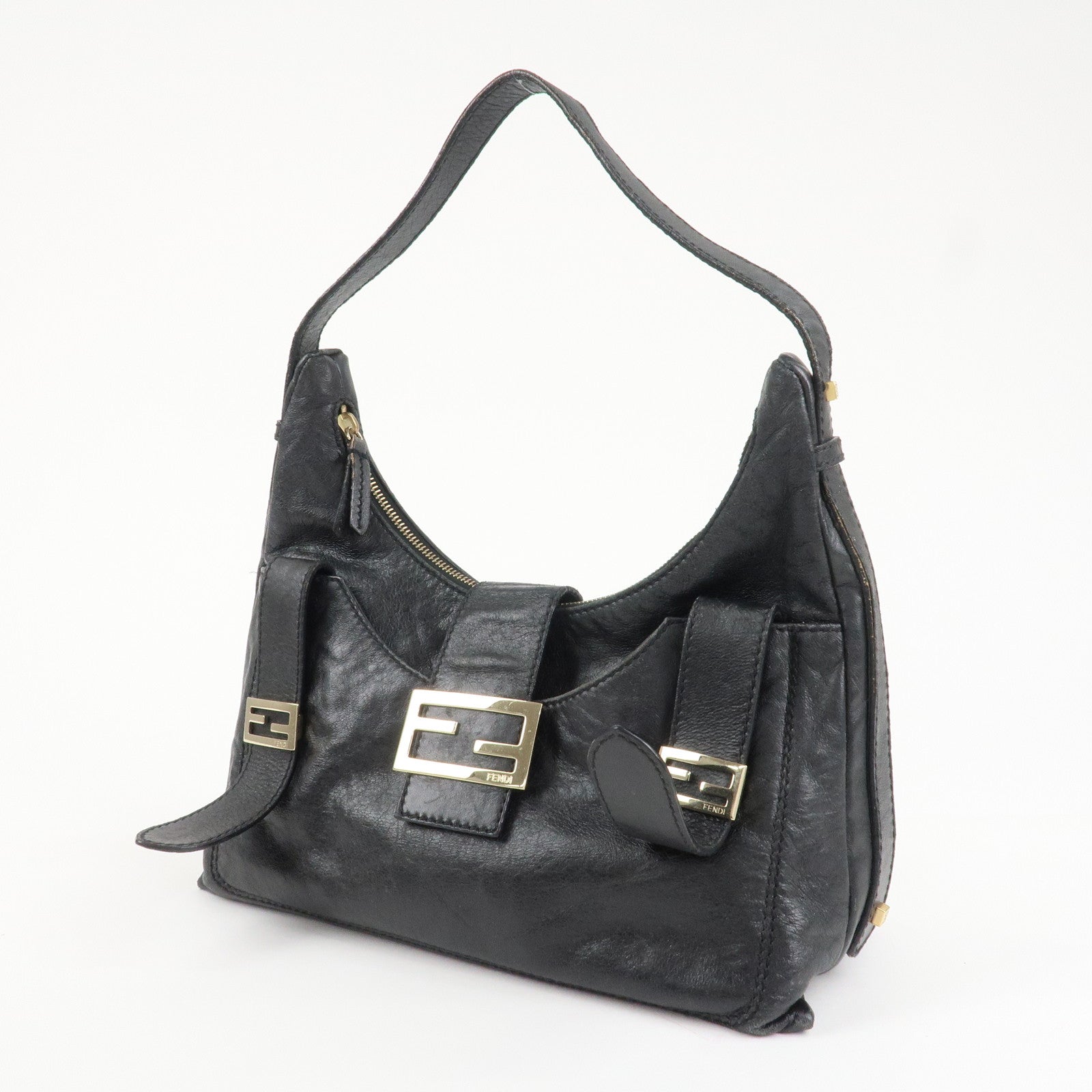 FENDI Leather Shoulder Bag Hand Bag Black 8BR522 Used