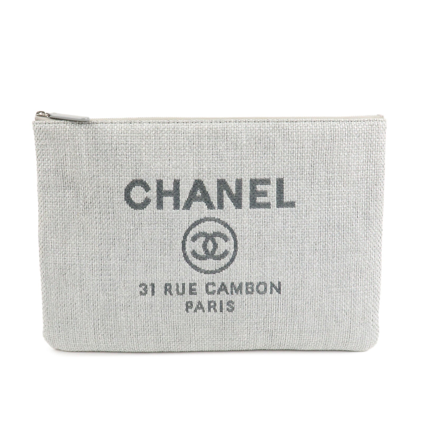 CHANEL Deauville Nylon Canvas Pouch Clutch Bag Light Gray A80118