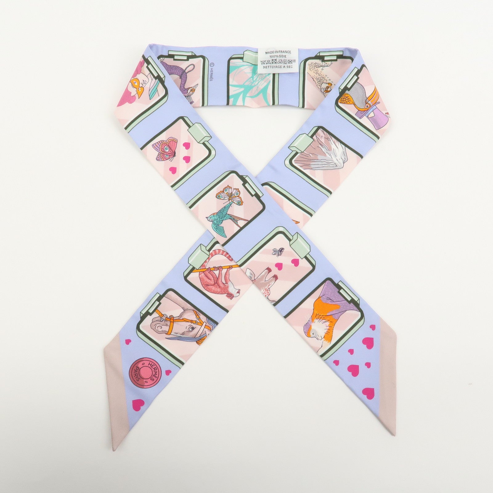 HERMES Twilly Silk 100% HERMES STORY Scarf Light Blue