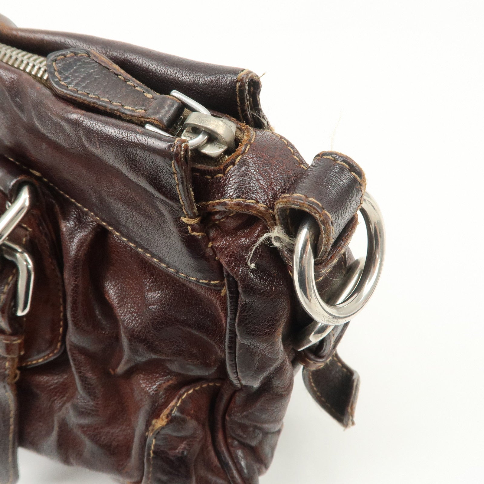 PRADA Triangle Logo Leather 2Way Bag Hand Bag Dark Brown BN1279 Used