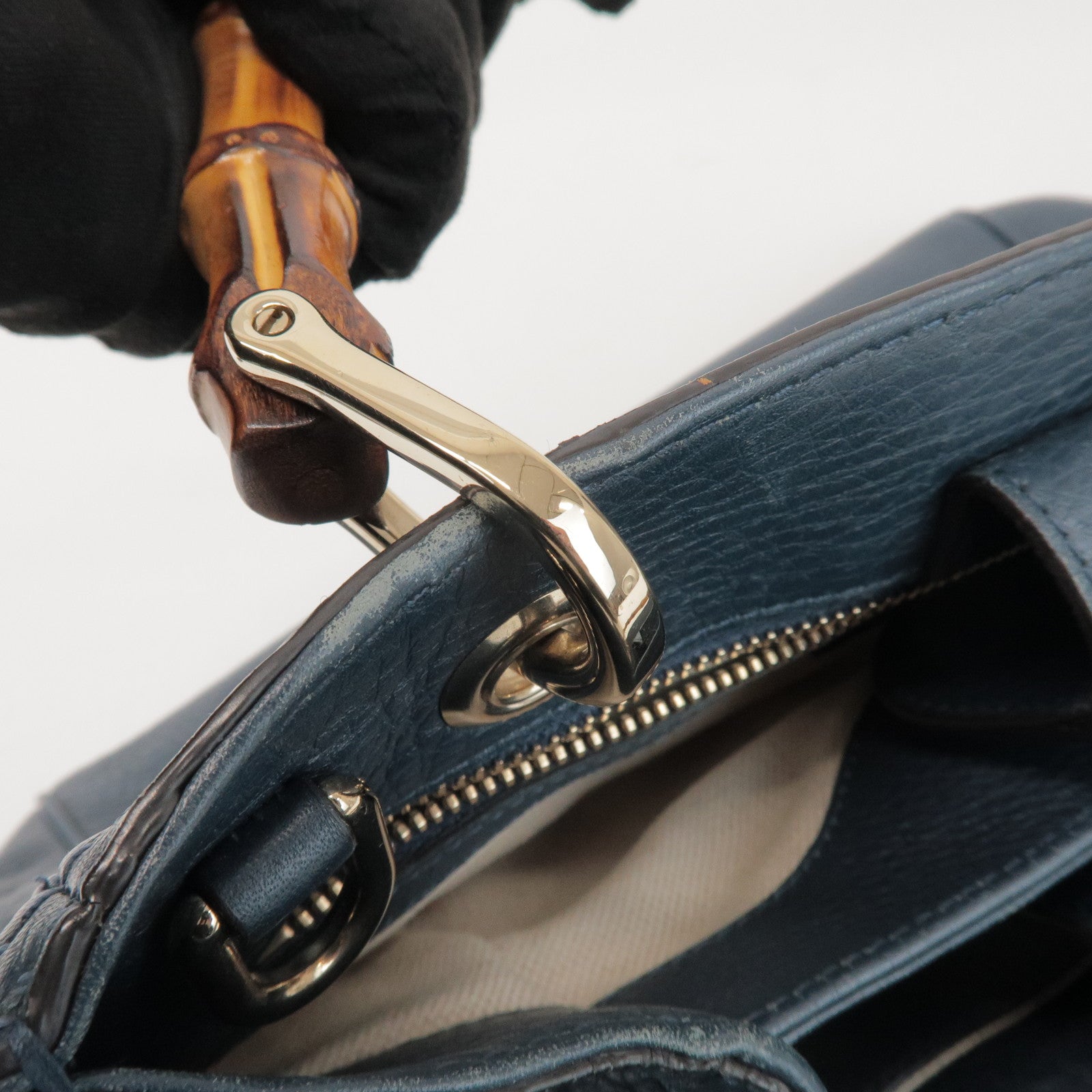 GUCCI Bamboo Calf Leather 2 Way Bag Tote Bag Navy 336032