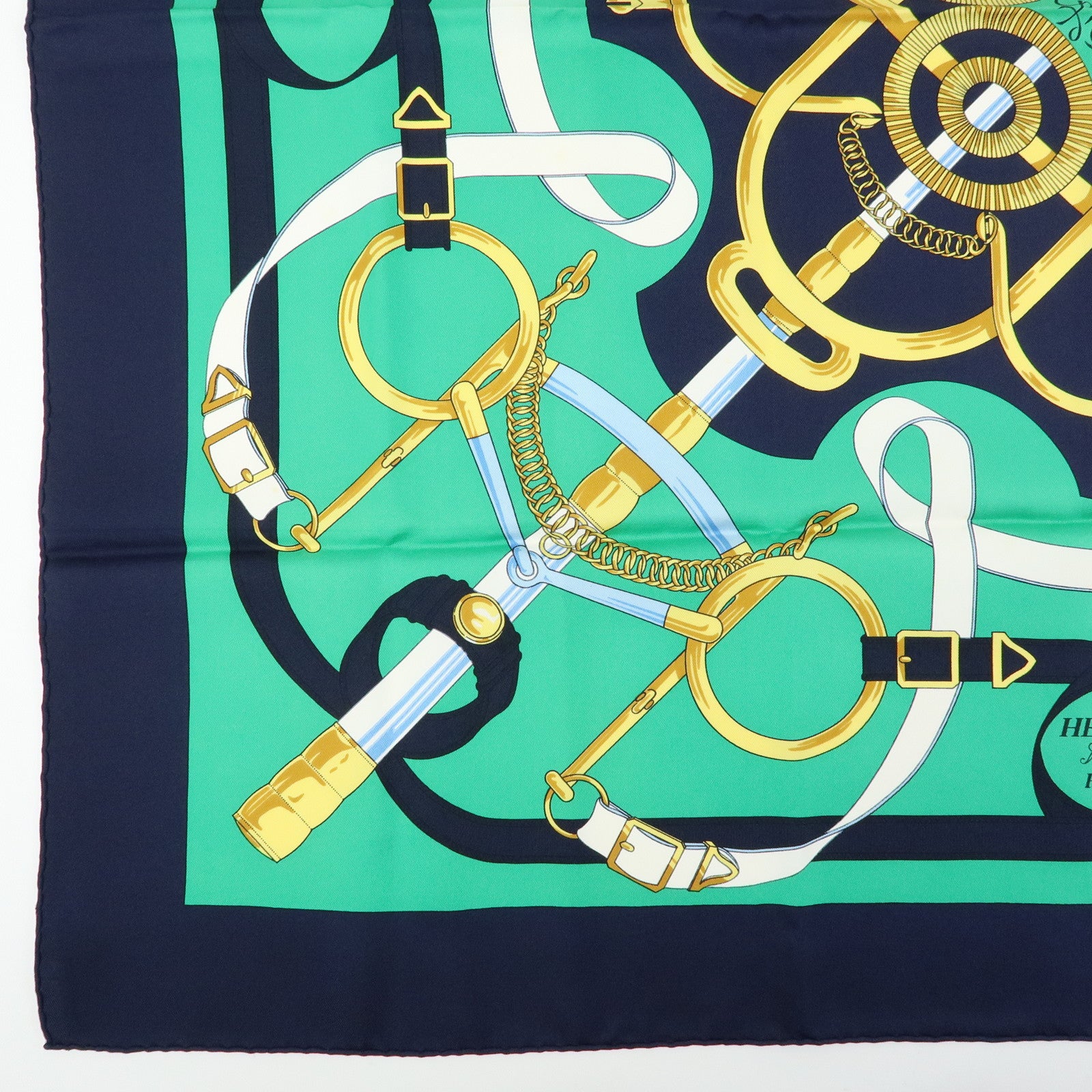 HERMES Carre 90 Silk 100% Scarf Eperon d'or Navy Green Gold