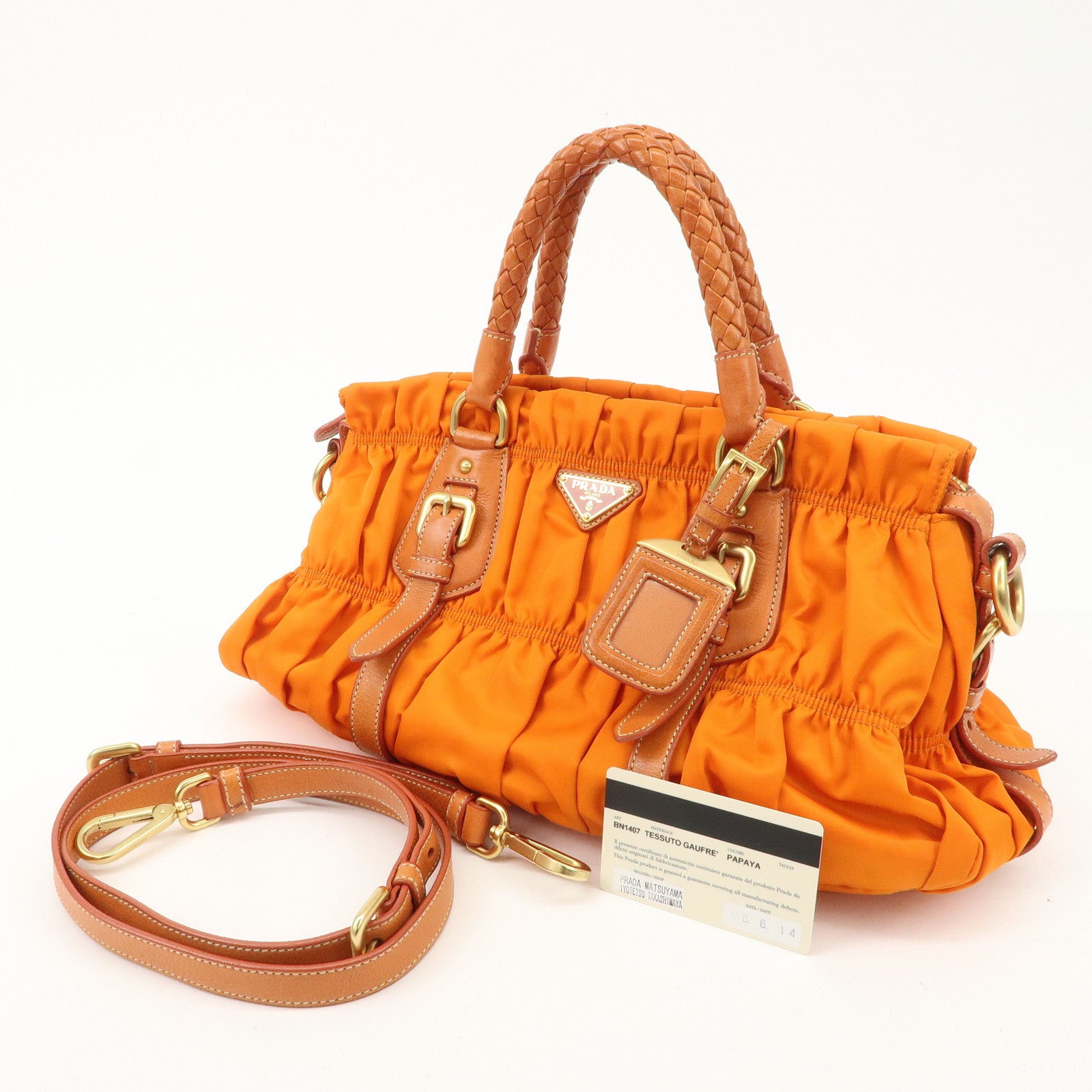 PRADA Triangle Logo Nylon Leather 2Way Bag Hand Bag Orange BN1407 Used