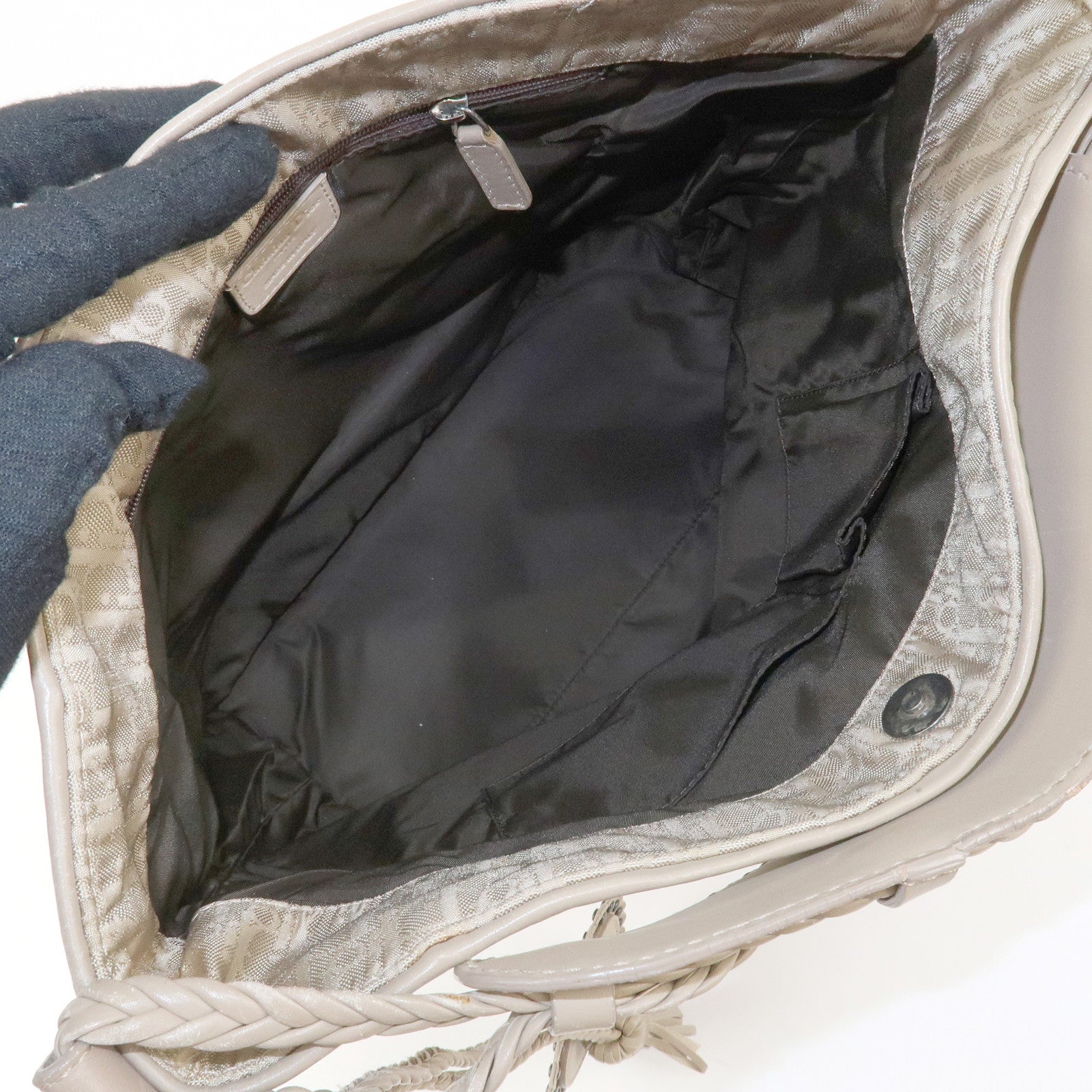 Christian Dior Trotter Canvas Leather Shoulder Bag Heart Charm Beige Used