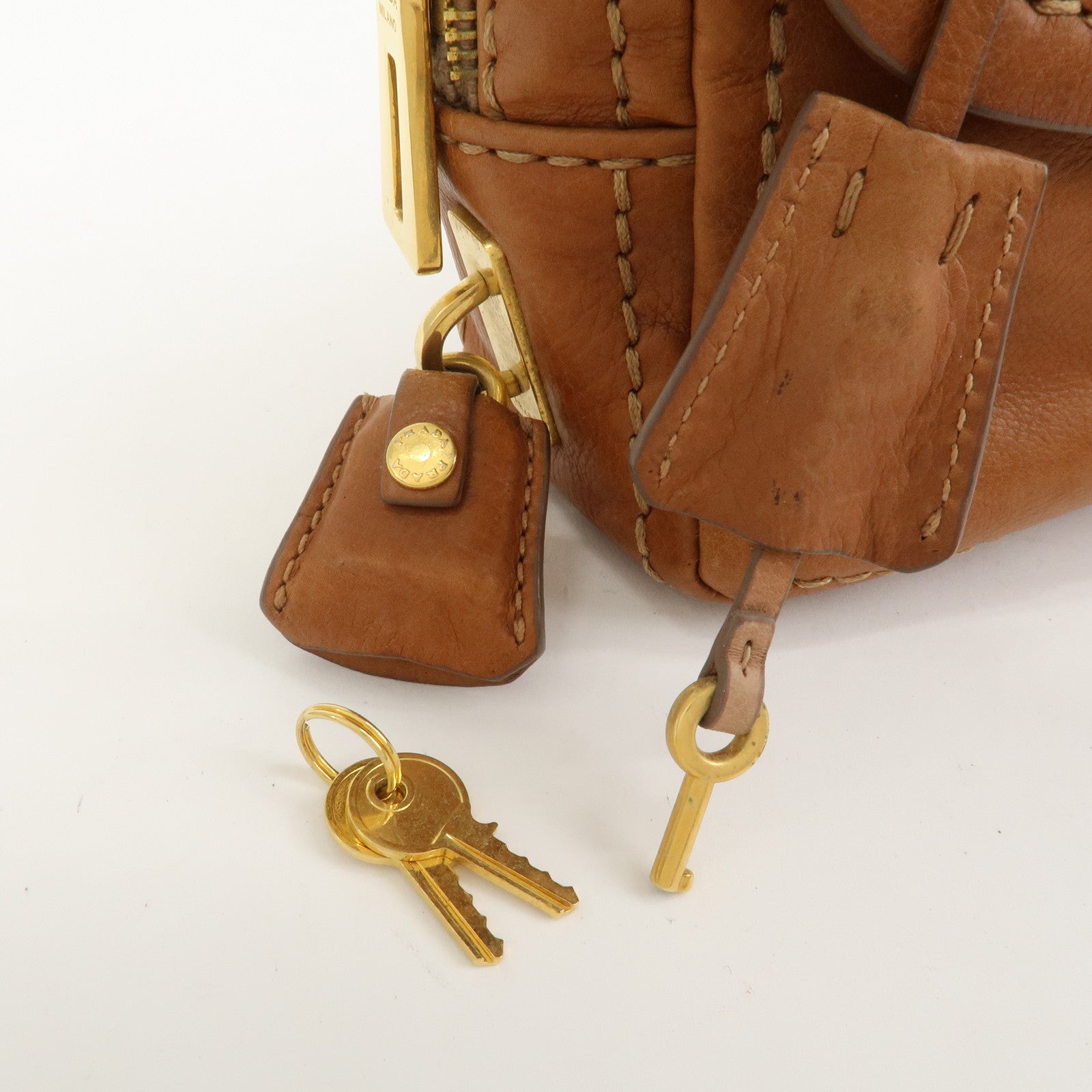 PRADA Logo Leather Chain Shoulder Bag Crossbody Bag Camel