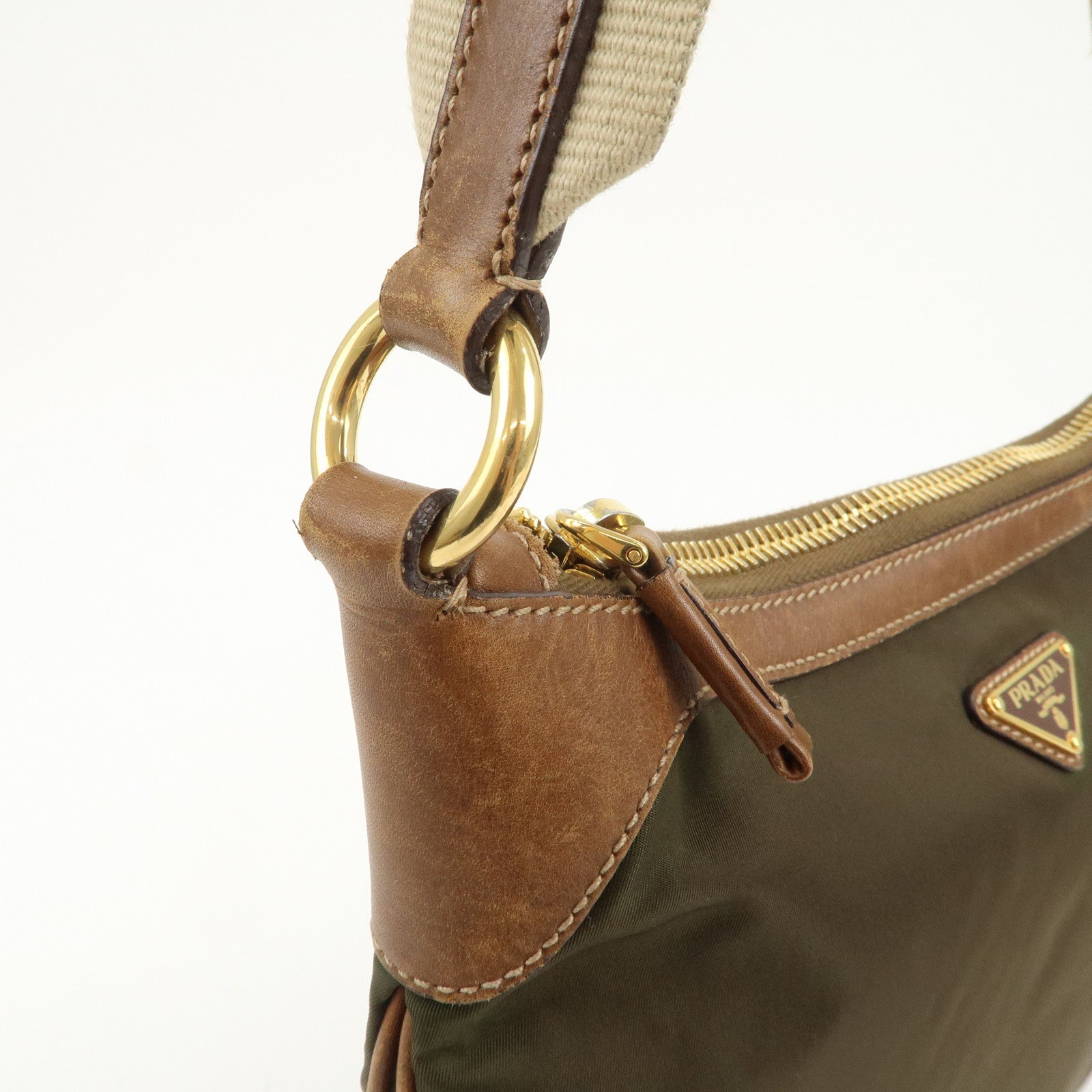 PRADA Triangle Logo Nylon Leather Crossbody Shoulder Bag Khaki