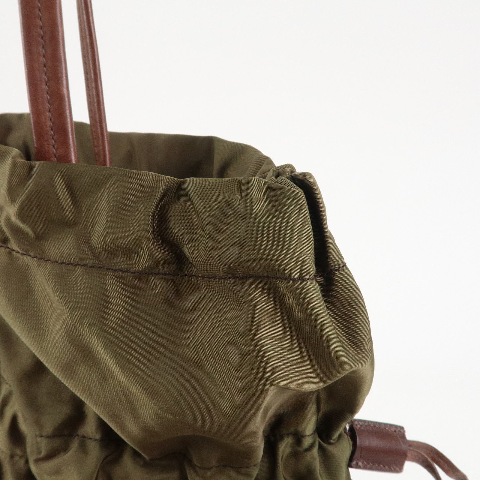 PRADA Logo Nylon Leather Drawstring Tote Bag Shoulder Bag Brown