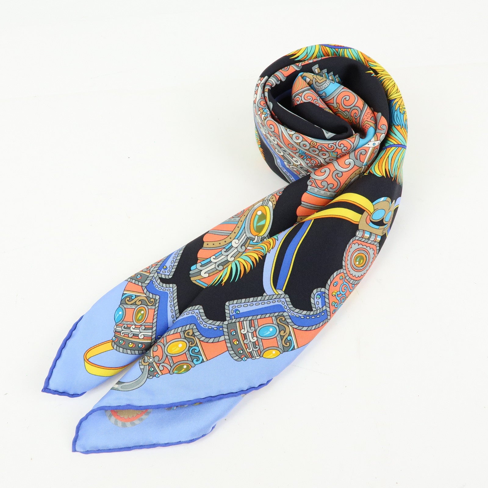 HERMES Carre 90 Silk 100% Scarf SOUS LE GIDE DE MARS Black Blue