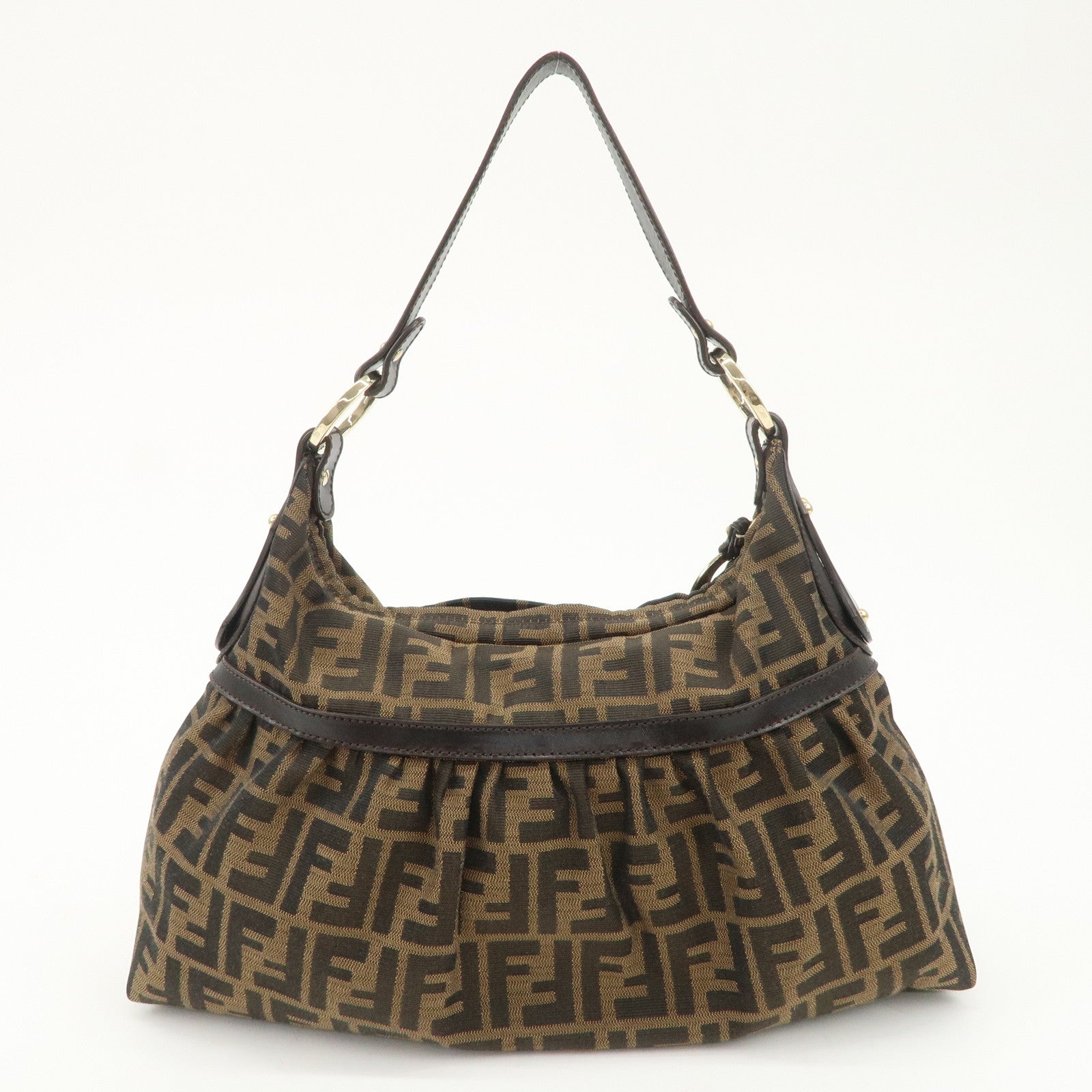 FENDI Zucca Canvas Leather Shoulder Bag Hand Bag Black Brown 8BR448