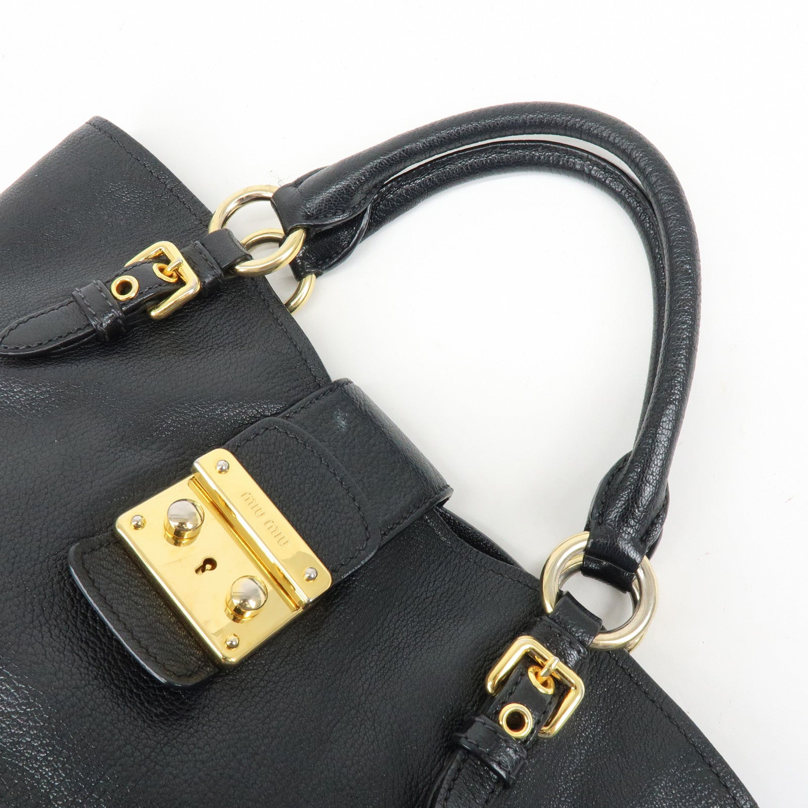MIU MIU Logo Madras Leather Hand Bag Tote Bag Black