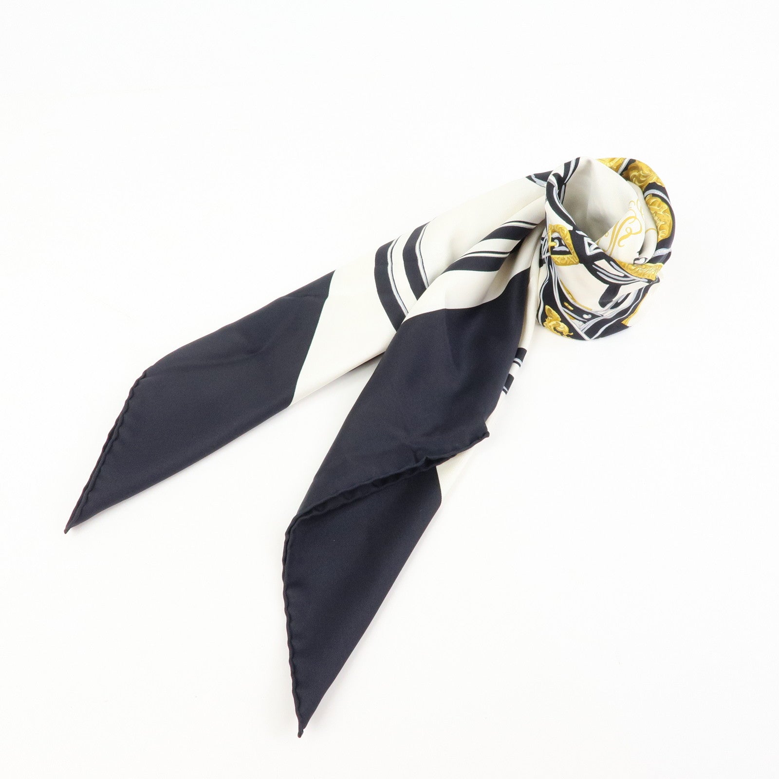 HERMES Carre 90 Silk 100% BRIDES DE GALA Scarf Black White Gold