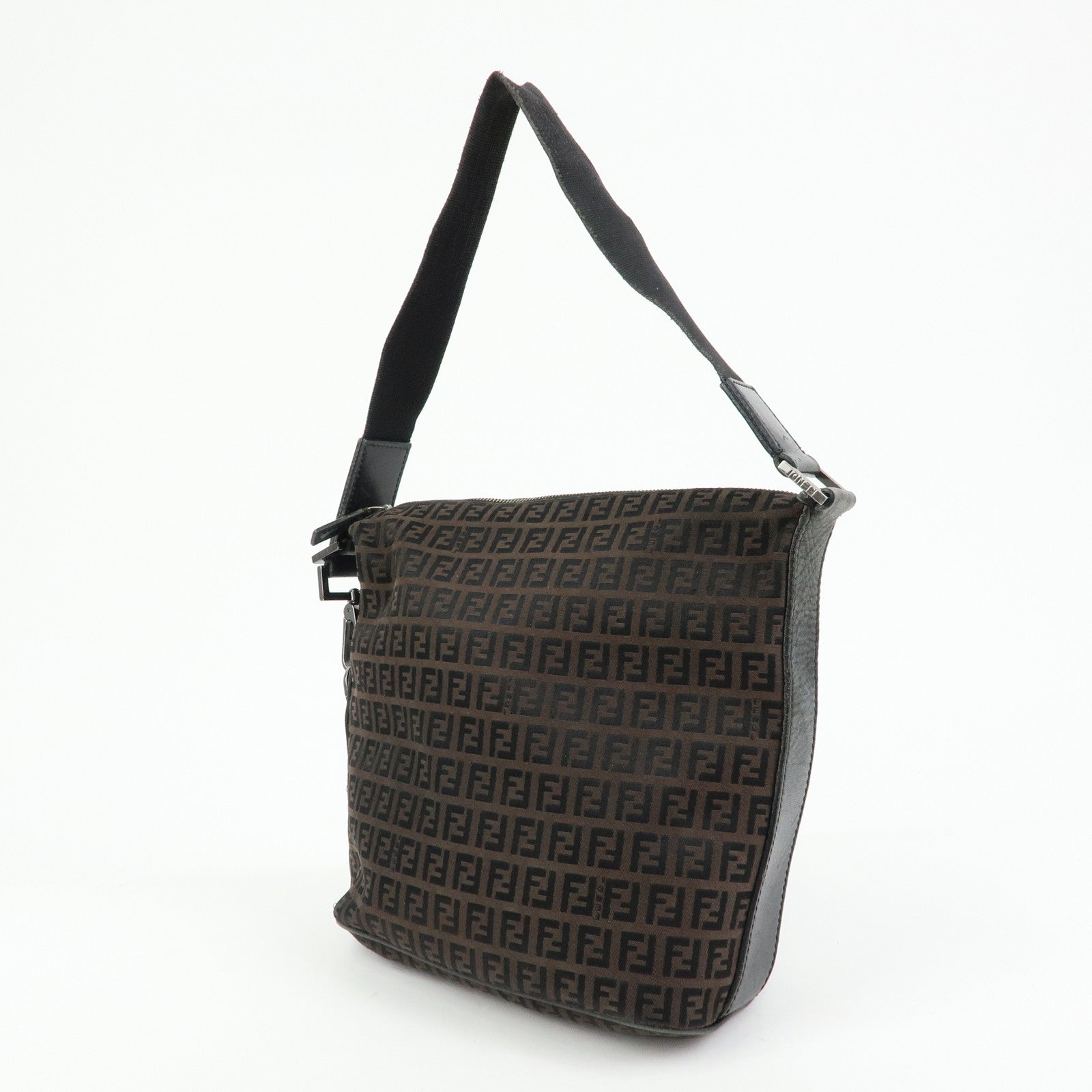 FENDI Zucchino Canvas Leather Shoulder Bag Brown Black 7VA004